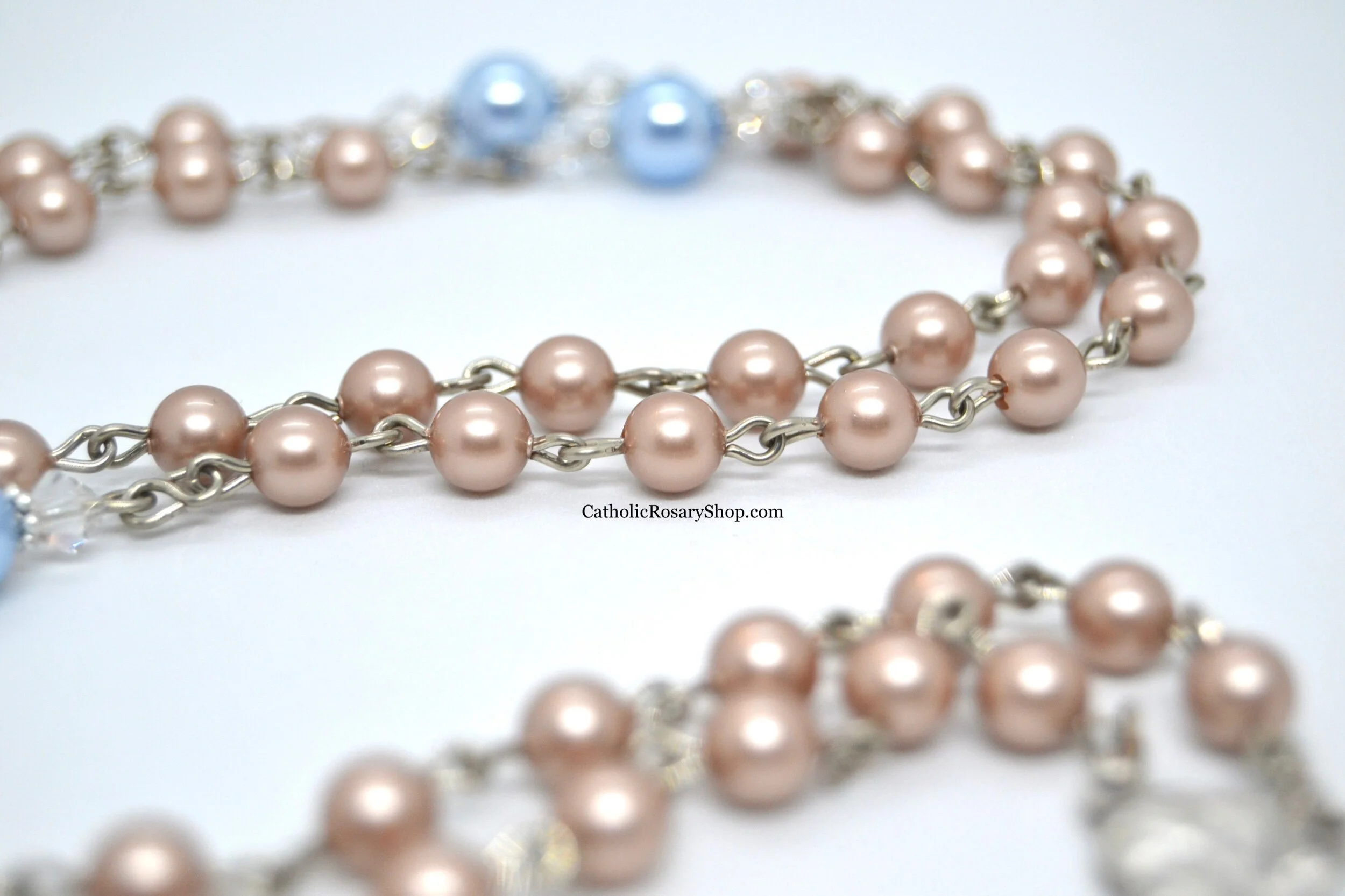 Light Brown and Light Blue Austrian Crystal Pearl Rosary for Baby Boy's Baptism or First Communion | Personalized Rosary Gifts | Baby Boy Keepsake | CatholicRosaryShop.com
