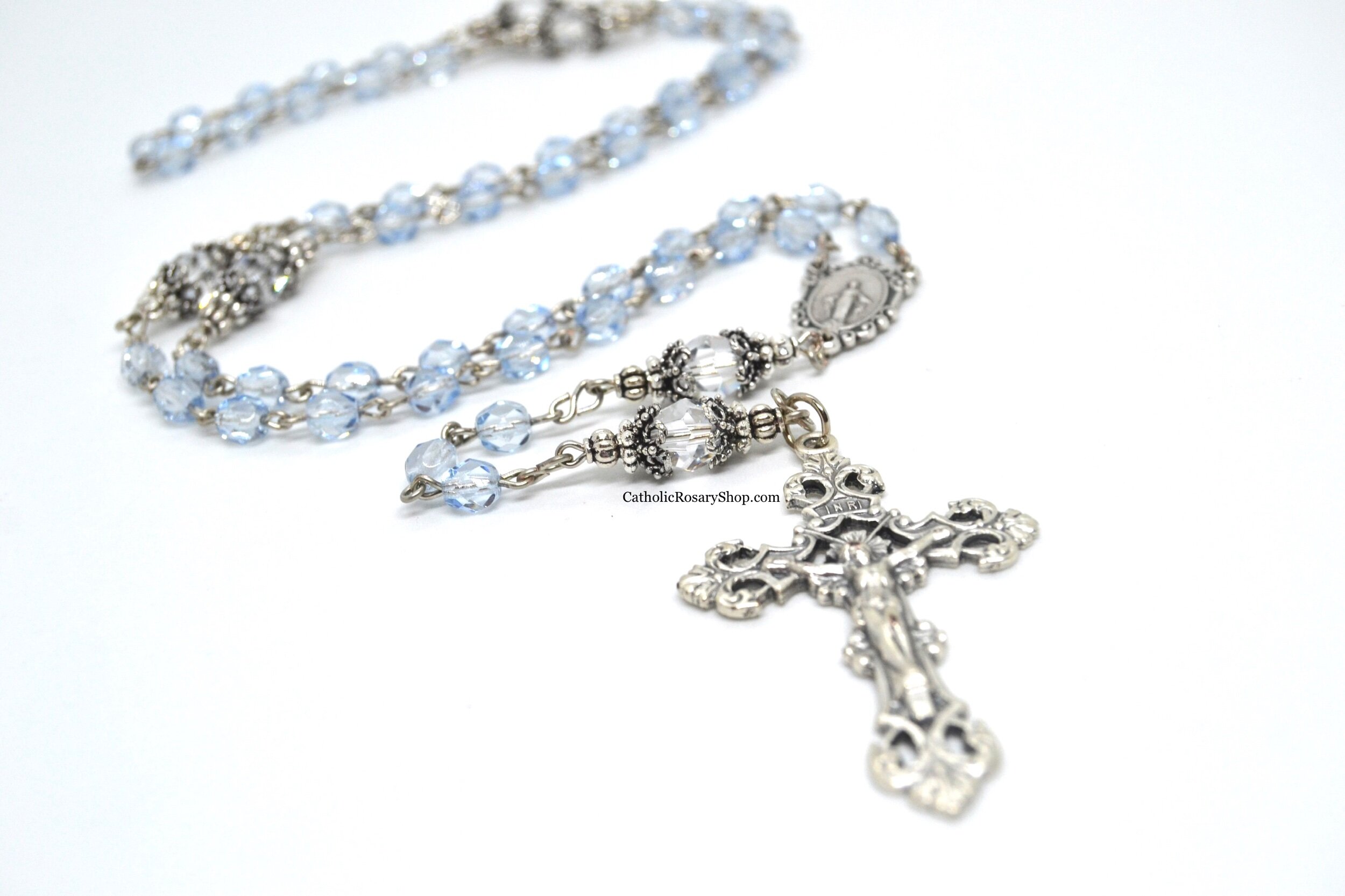 Dusty Blue and Clear Crystal Rosary | Personalized Something Blue Rosaries for Women and Girls | Something Blue Wedding Rosary Gifts | CatholicRosaryShop.com