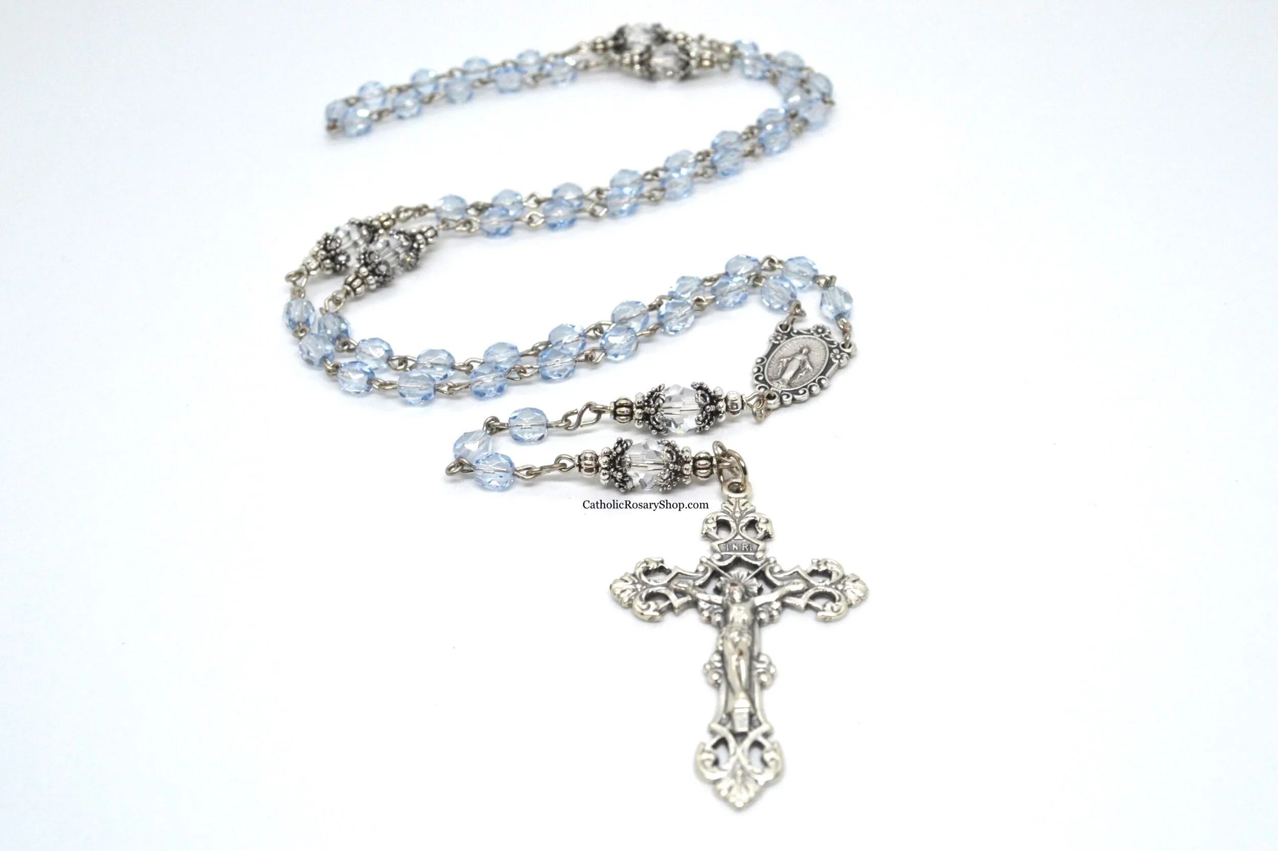 Dusty Blue and Clear Crystal Rosary | Personalized Something Blue Rosaries for Women and Girls | Something Blue Wedding Rosary Gifts | CatholicRosaryShop.com