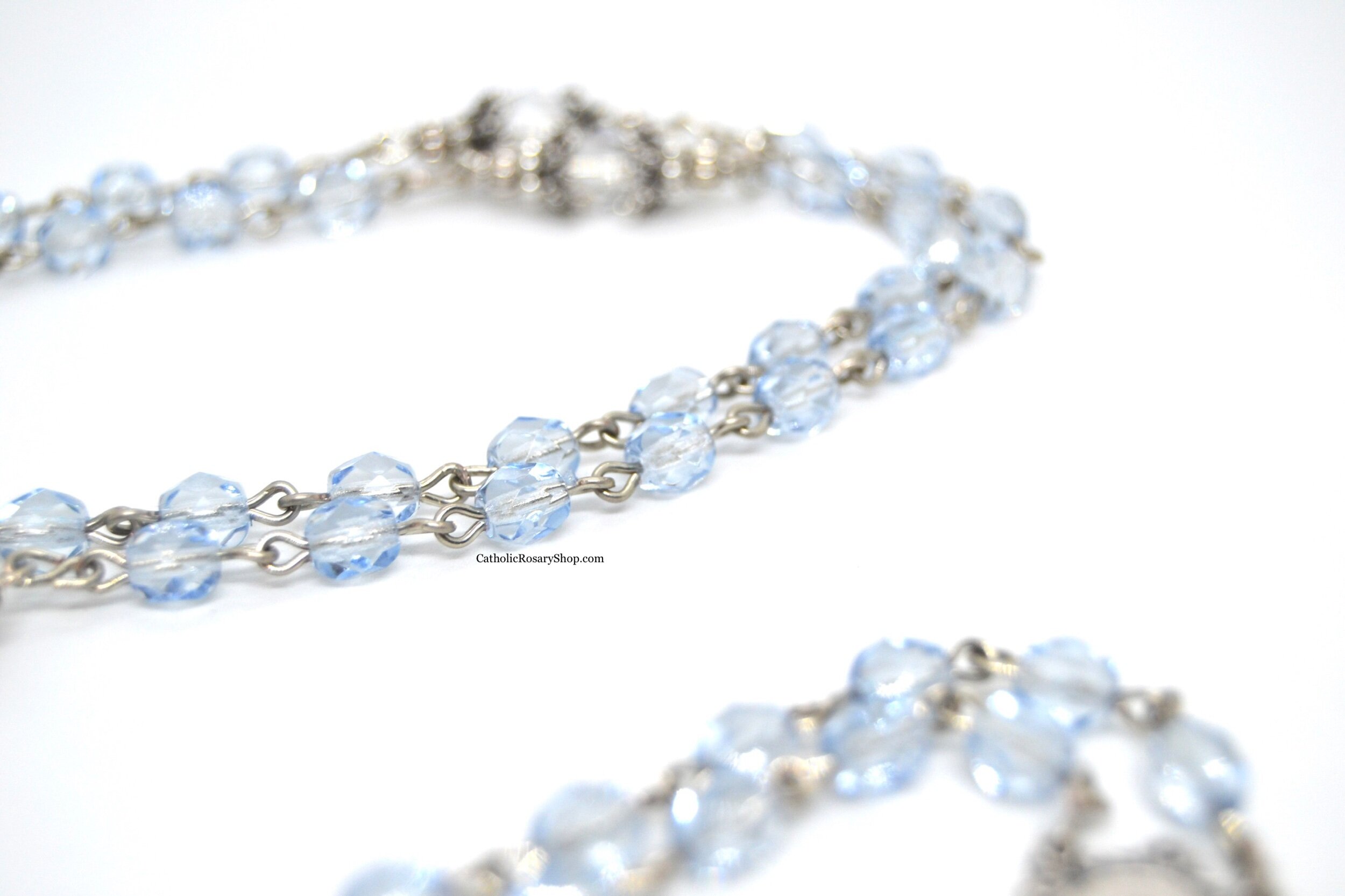 Dusty Blue and Clear Crystal Rosary | Personalized Something Blue Rosaries for Women and Girls | Something Blue Wedding Rosary Gifts | CatholicRosaryShop.com