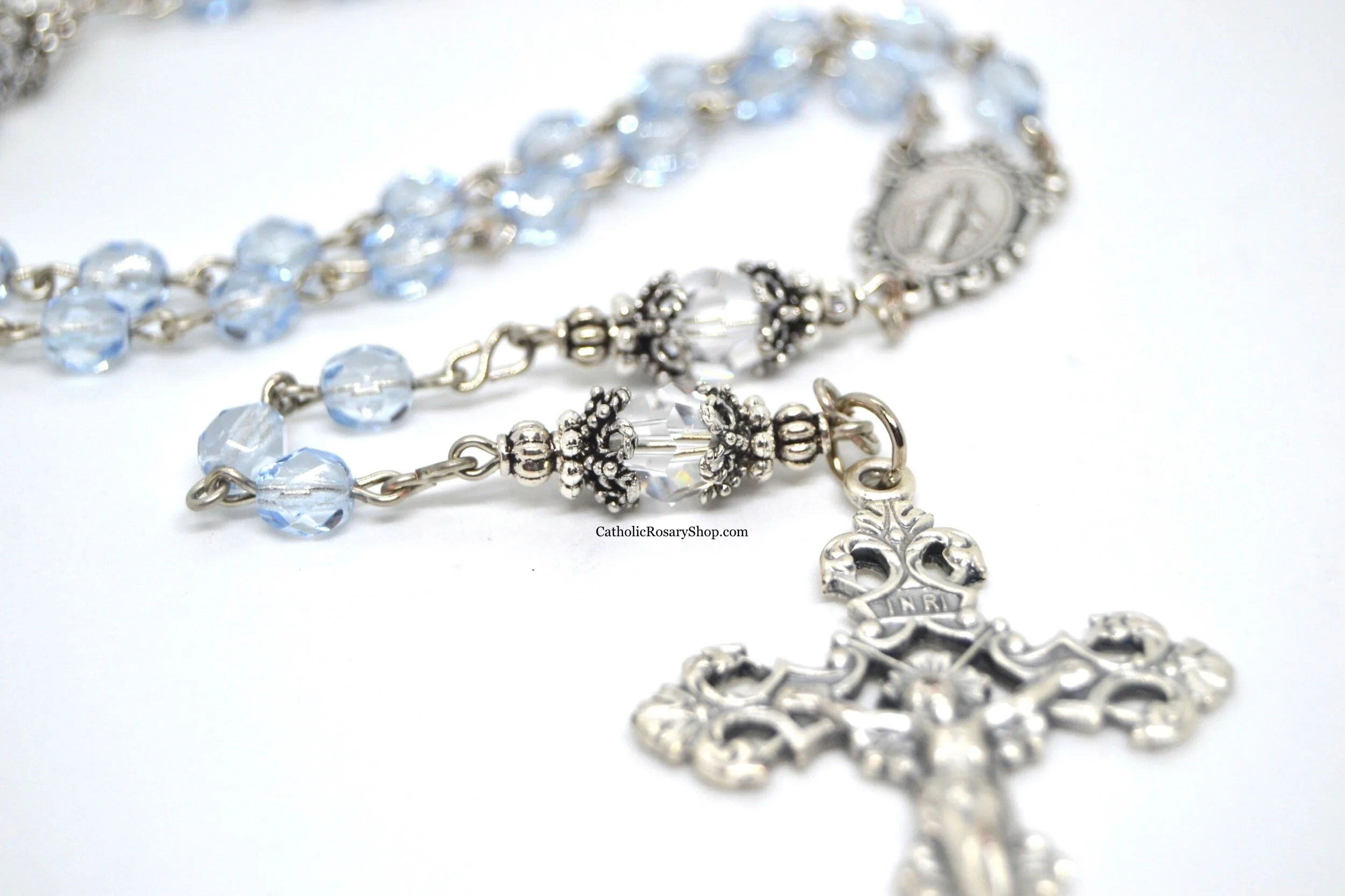 Dusty Blue and Clear Crystal Rosary