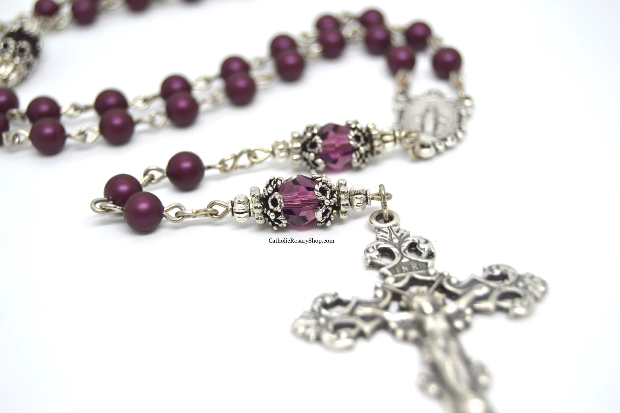Dark Amethyst Genuine Crystal and Pearl Rosary for Women and Girls | Personalized Amethyst Birthstone Rosary Gifts for Women and Girls