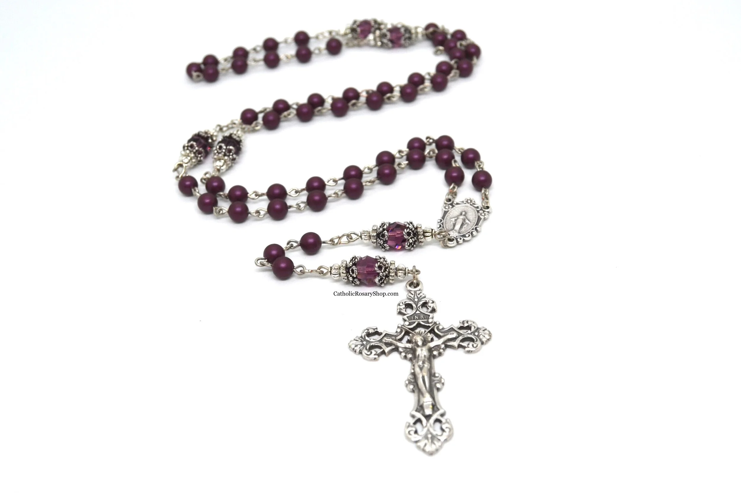 Dark Amethyst Genuine Crystal and Pearl Rosary for Women and Girls | Personalized Amethyst Birthstone Rosary Gifts for Women and Girls