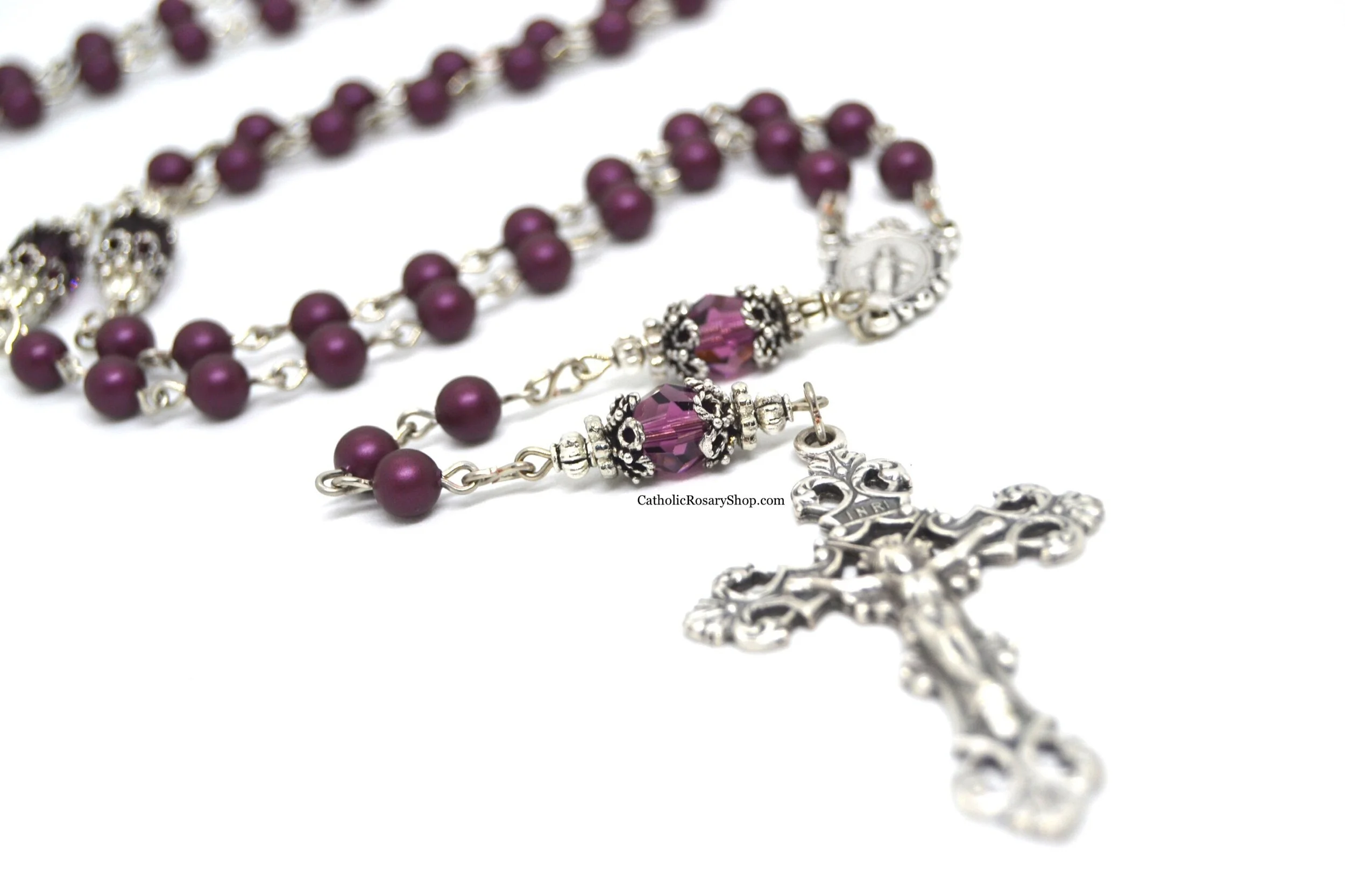 Dark Amethyst Crystal and Pearl Rosary