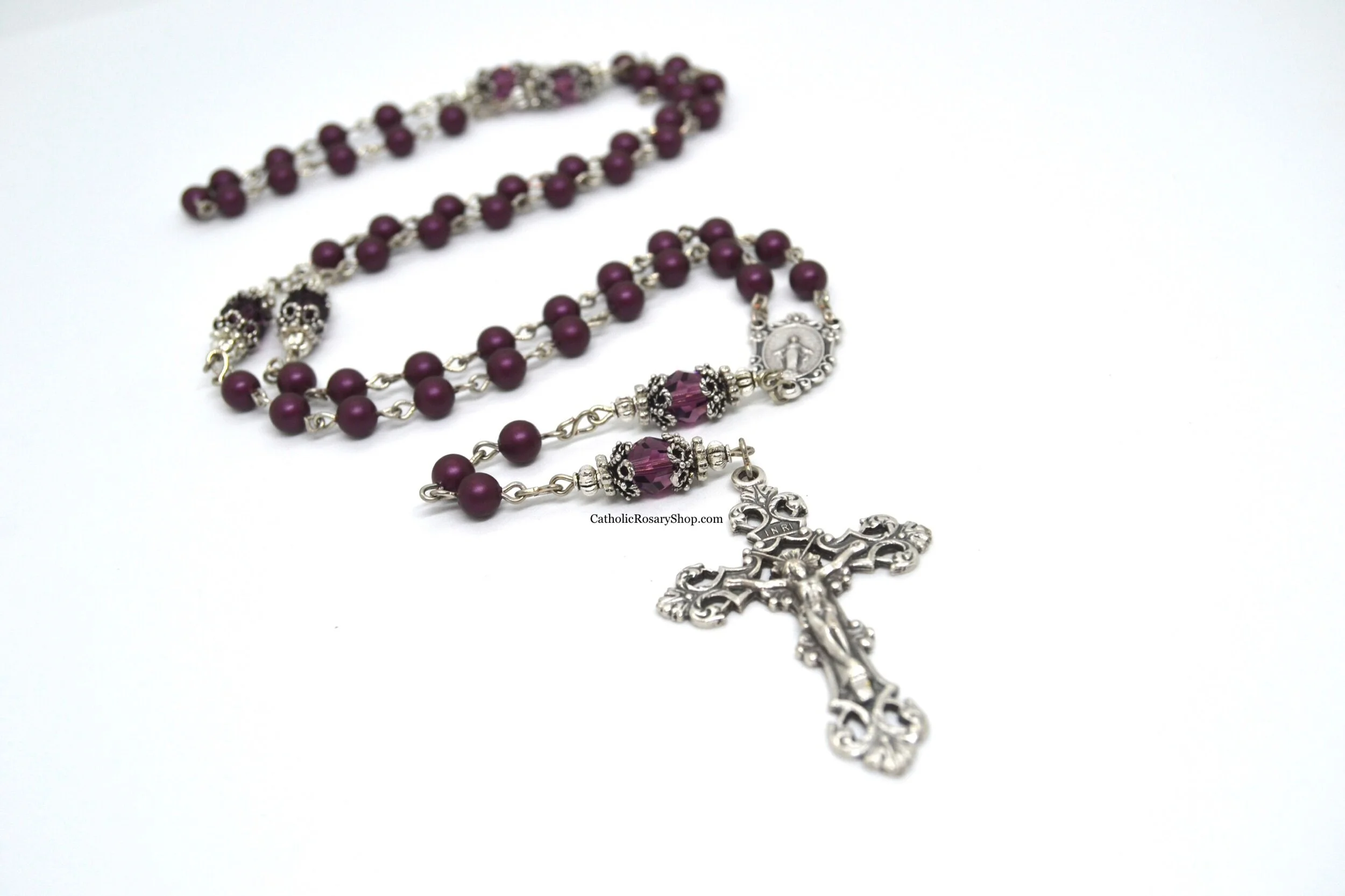 Dark Amethyst Genuine Crystal and Pearl Rosary for Women and Girls | Personalized Amethyst Birthstone Rosary Gifts for Women and Girls