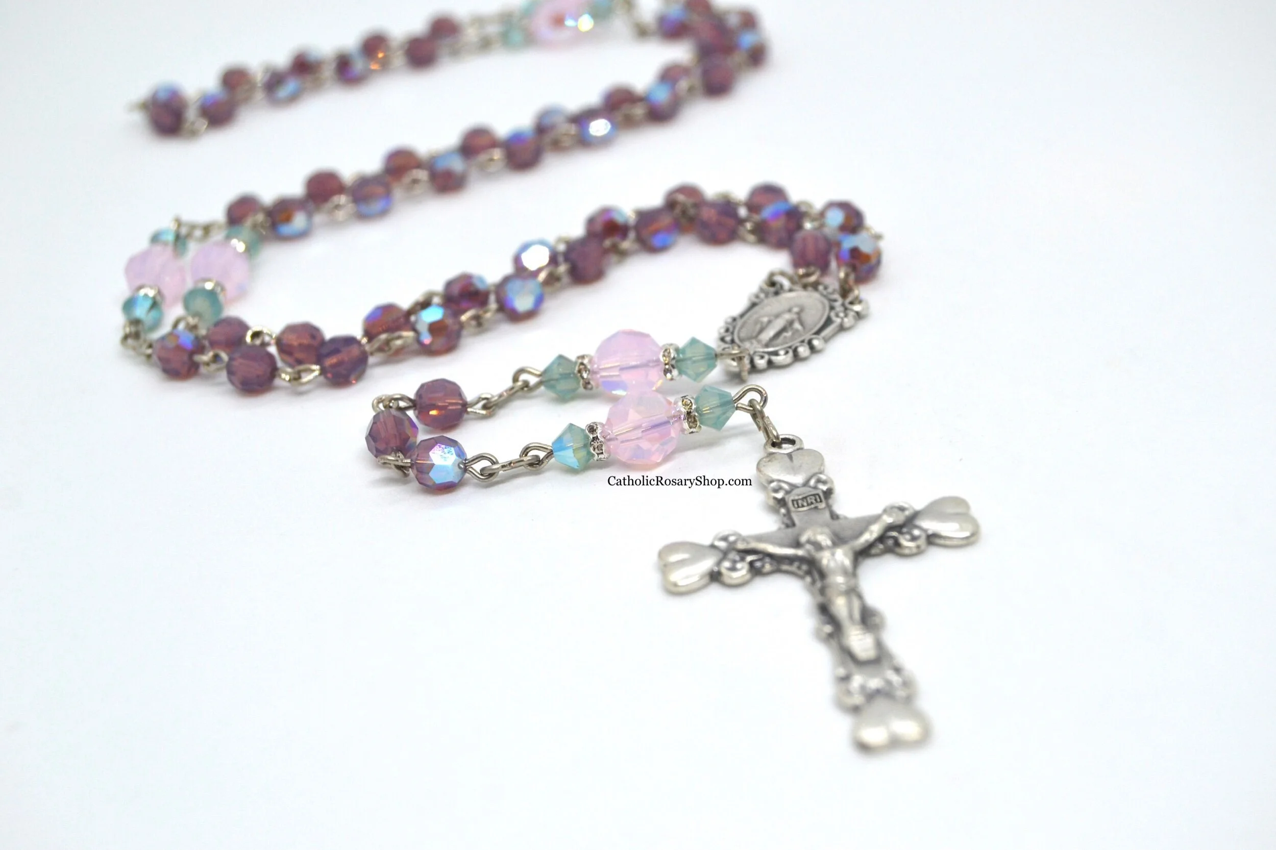 Austrian Crystal Rosary in Purple, Teal and Pink