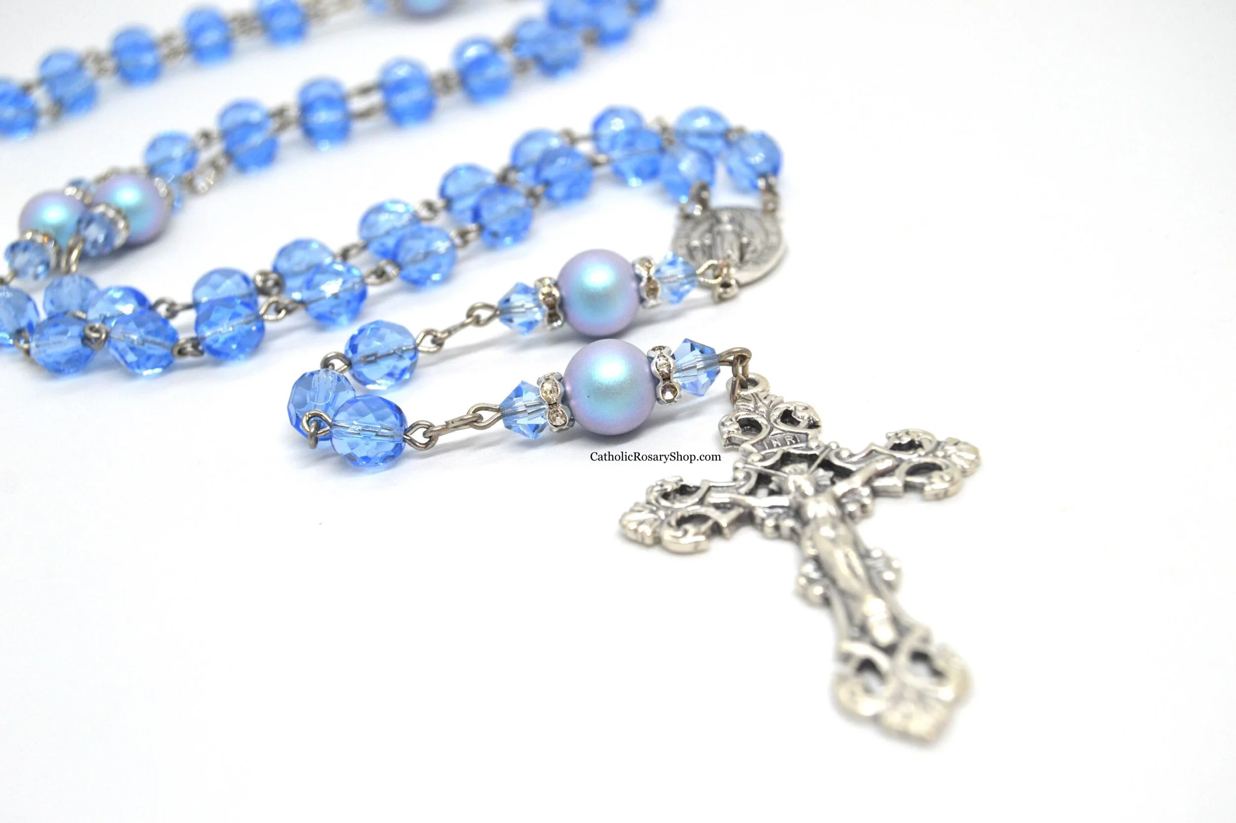 Iridescent Light Sapphire Crystal and Pearl Rosary  | Personalized Rosary for Women and Girls | Rosary Gifts for Baptism, First Communion or Confirmation | CatholicRosaryShop.com