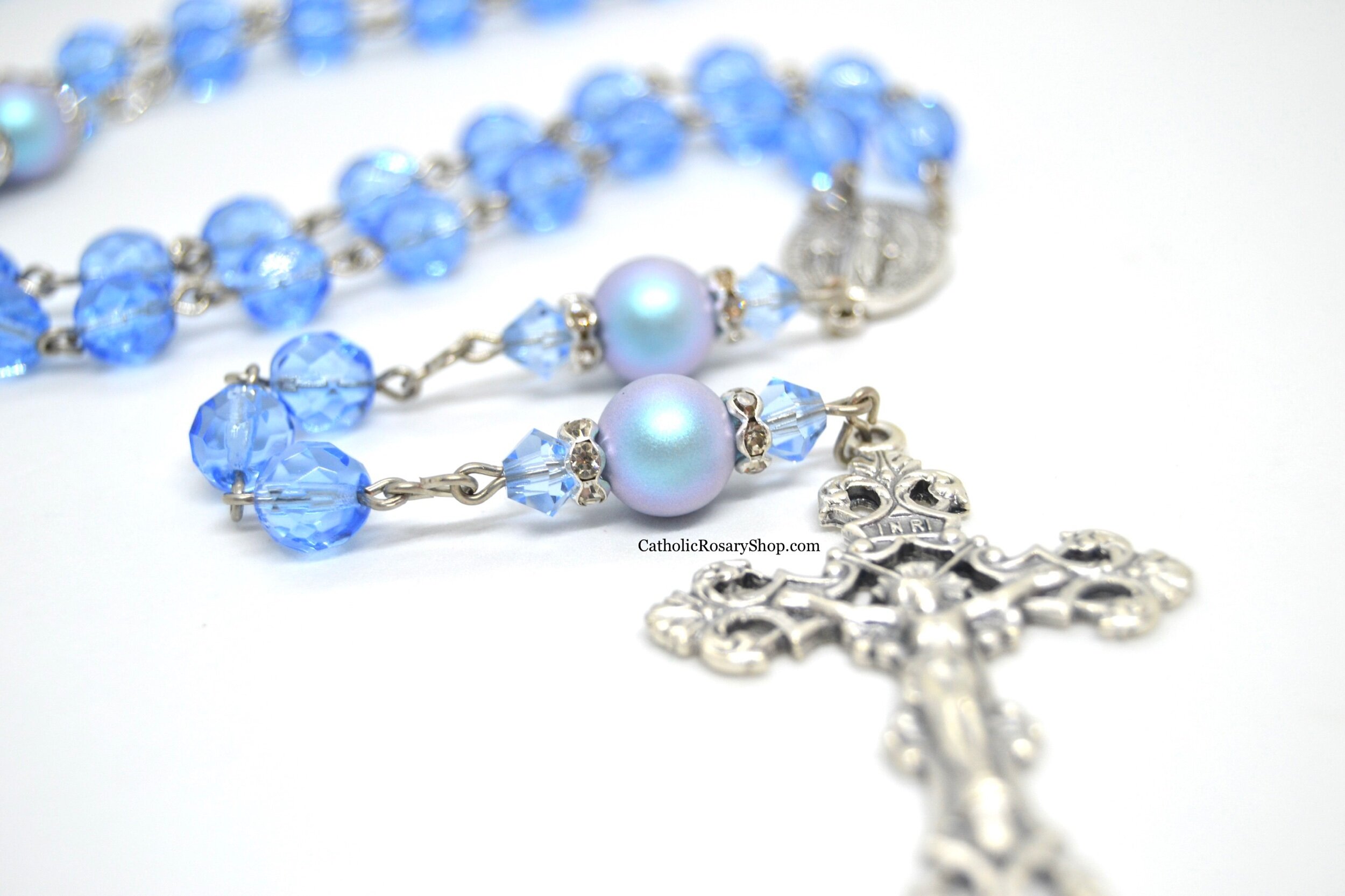 Iridescent Light Sapphire Blue Genuine Crystal and Pearl Rosary
