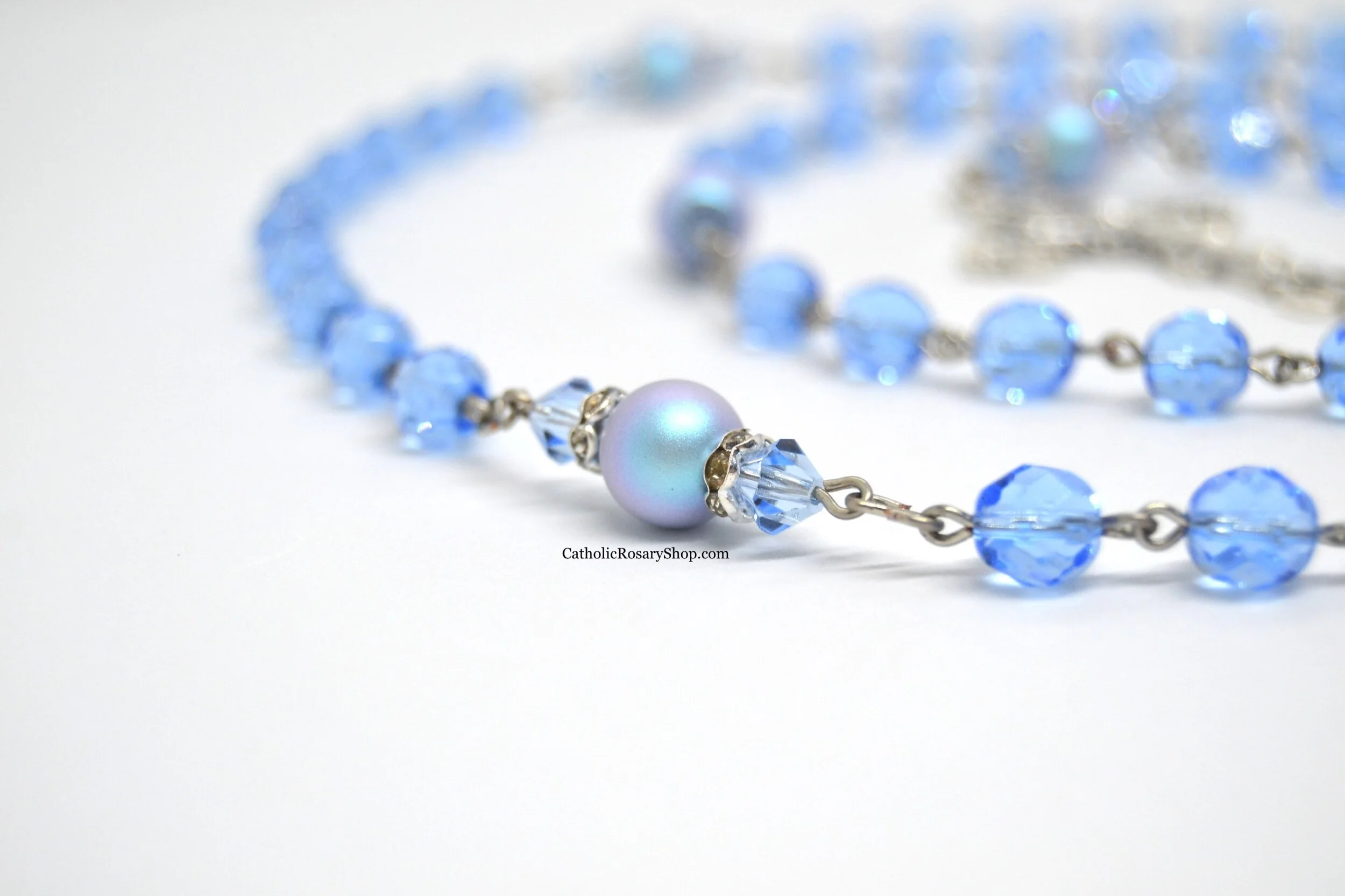 Iridescent Light Sapphire Crystal and Pearl Rosary  | Personalized Rosary for Women and Girls | Rosary Gifts for Baptism, First Communion or Confirmation | CatholicRosaryShop.com