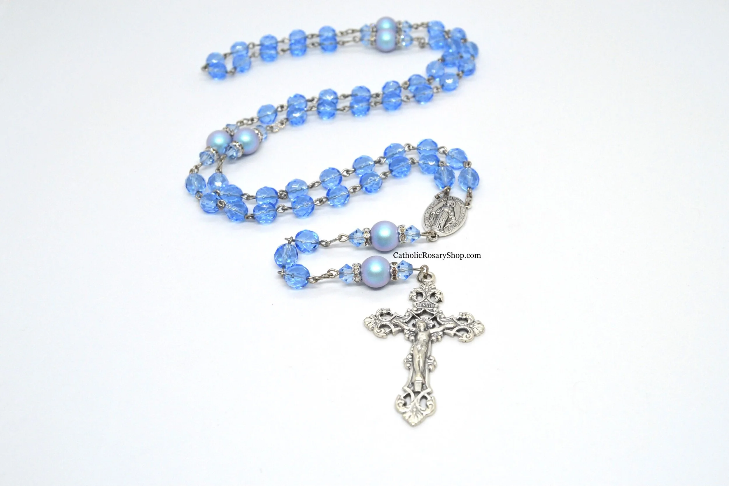 Iridescent Light Sapphire Crystal and Pearl Rosary  | Personalized Rosary for Women and Girls | Rosary Gifts for Baptism, First Communion or Confirmation | CatholicRosaryShop.com