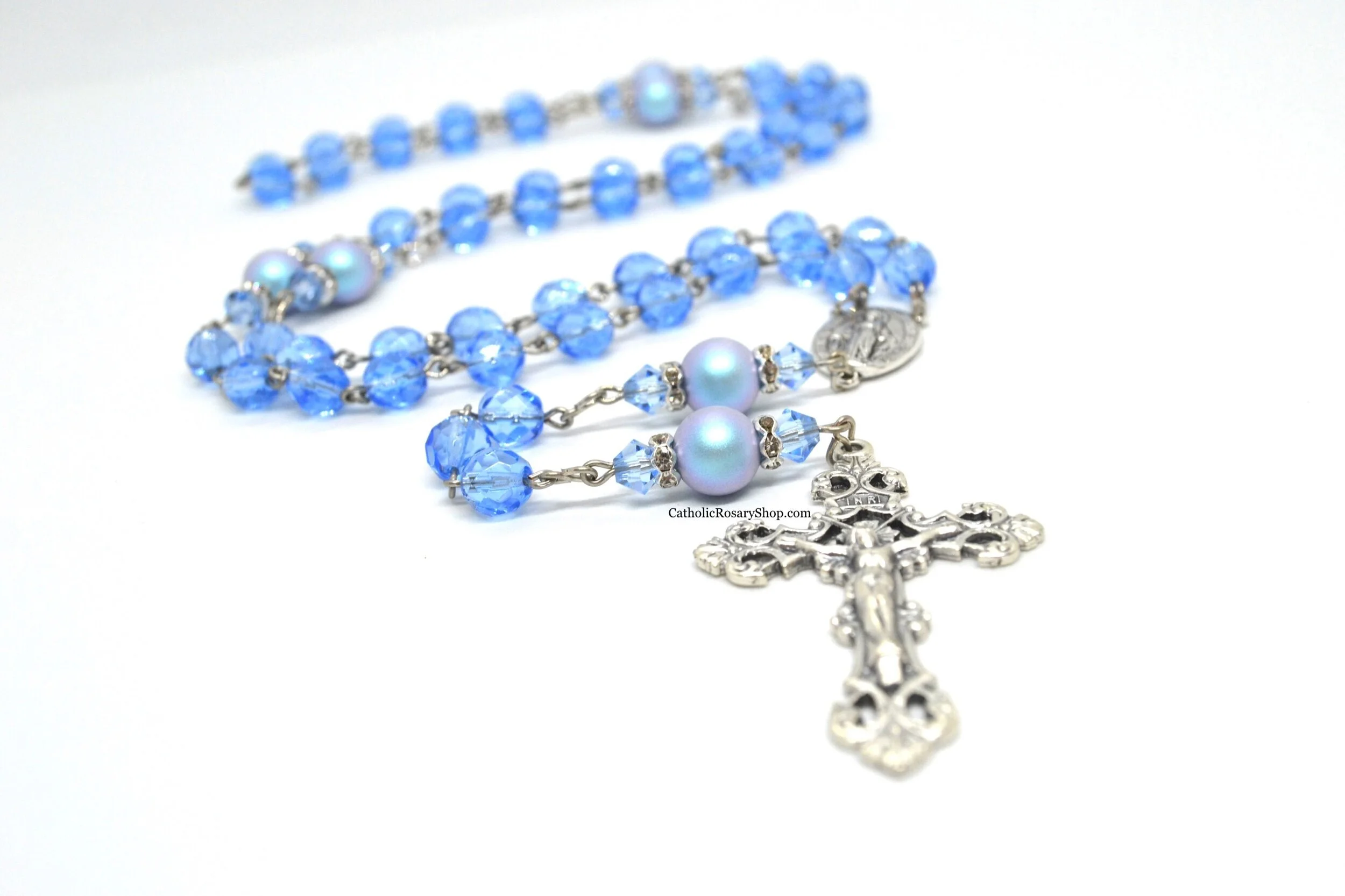 Iridescent Light Sapphire Crystal and Pearl Rosary  | Personalized Rosary for Women and Girls | Rosary Gifts for Baptism, First Communion or Confirmation | CatholicRosaryShop.com