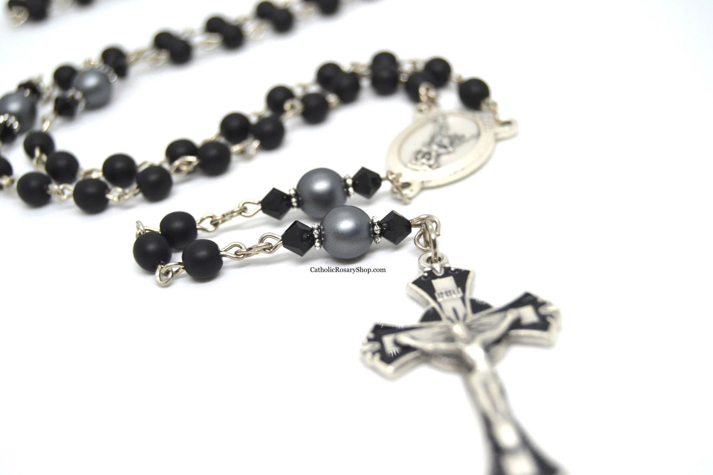 Men's Matte Black and Gray Czech Glass Rosary | Masculine Rosary Gifts for Men | Personalized Rosary Gifts for Men and Boys First Communion or Confirmation | CatholicRosaryShop.com