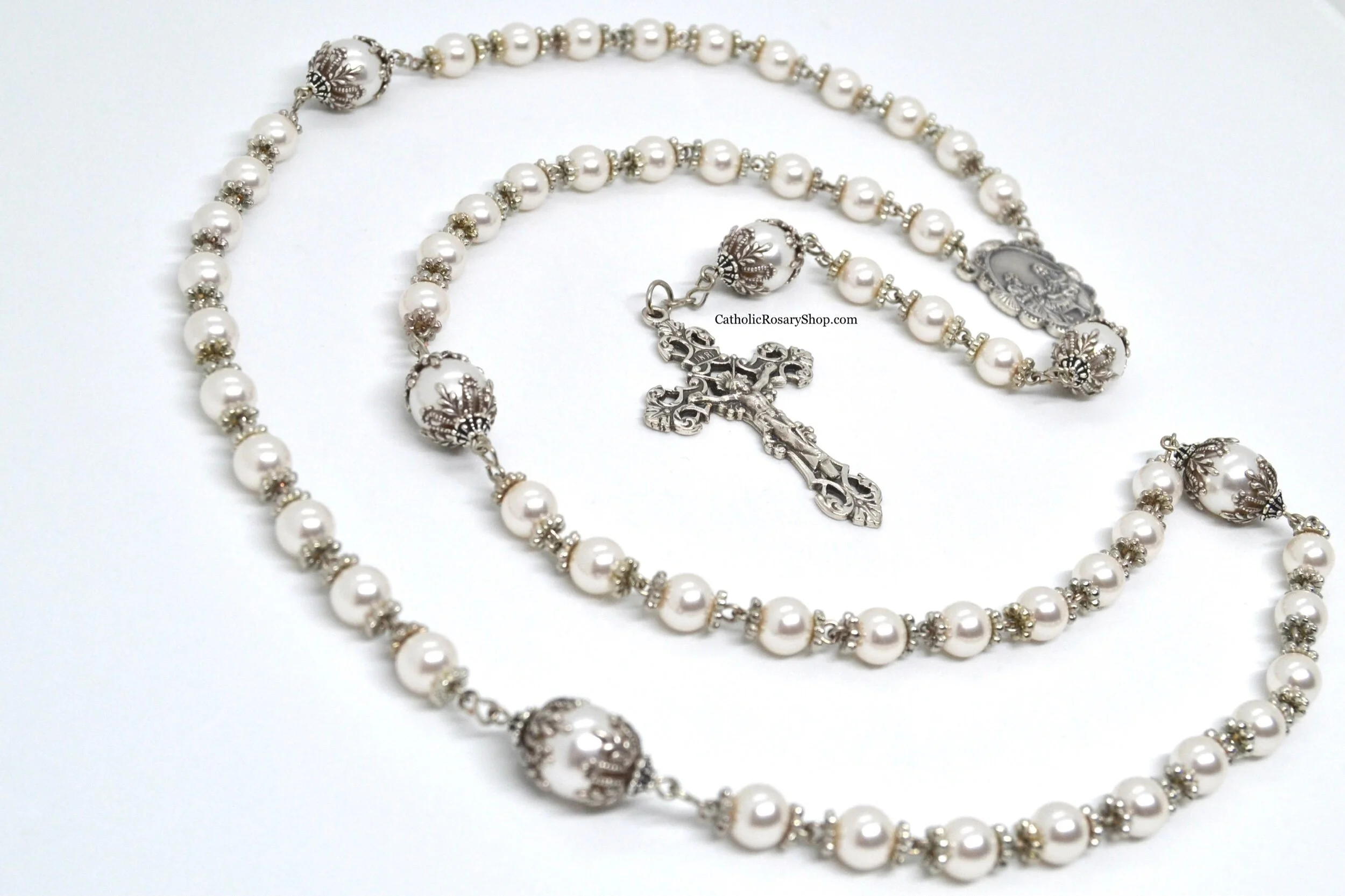 Antique Styled White Pearl Rosary for Women and Girls | Heirloom Rosary for Weddings | Personalized Rosary for the Bride | CatholicRosaryShop.com
