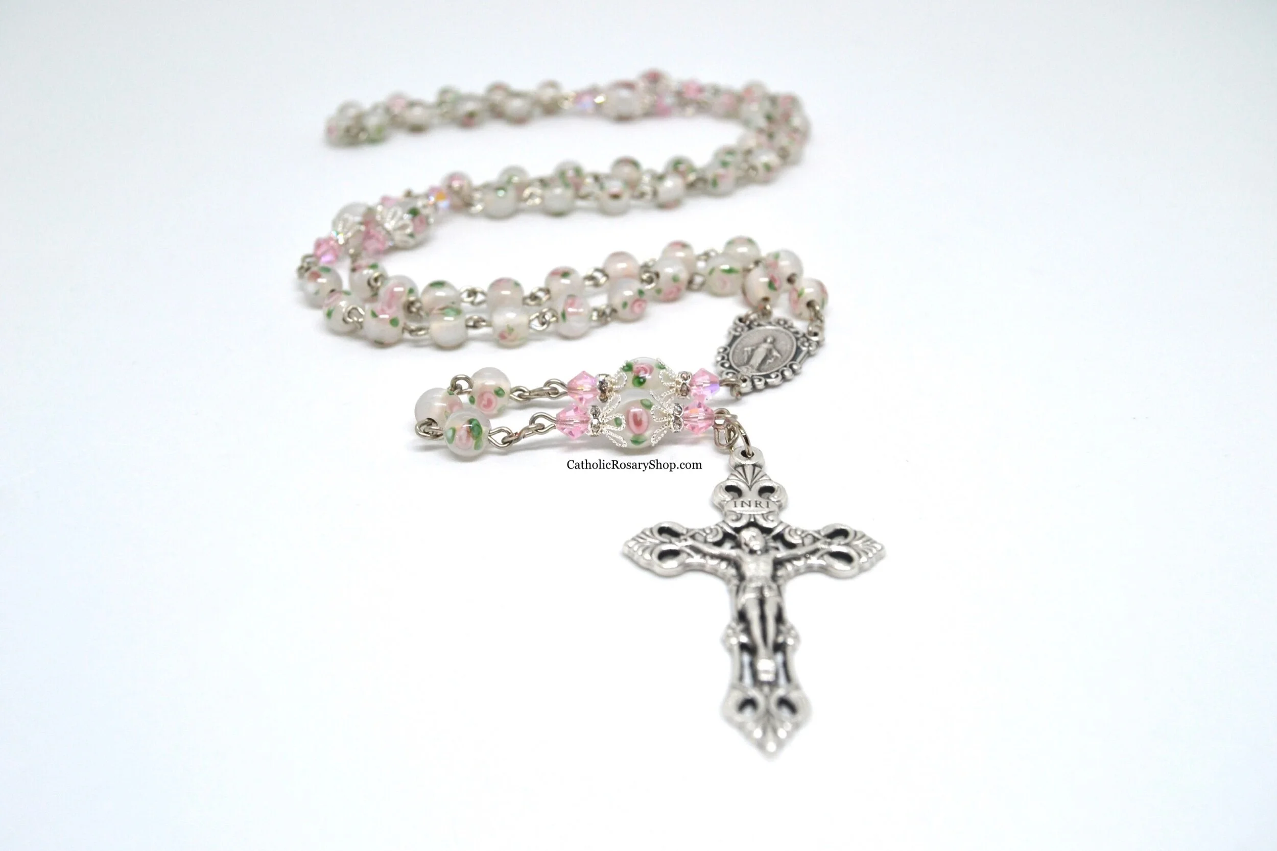 Pink and White Floral Czech Glass Rosary | Mother's Day Rosary Gifts | Personalized Rosaries for Women | CatholicRosaryShop.com