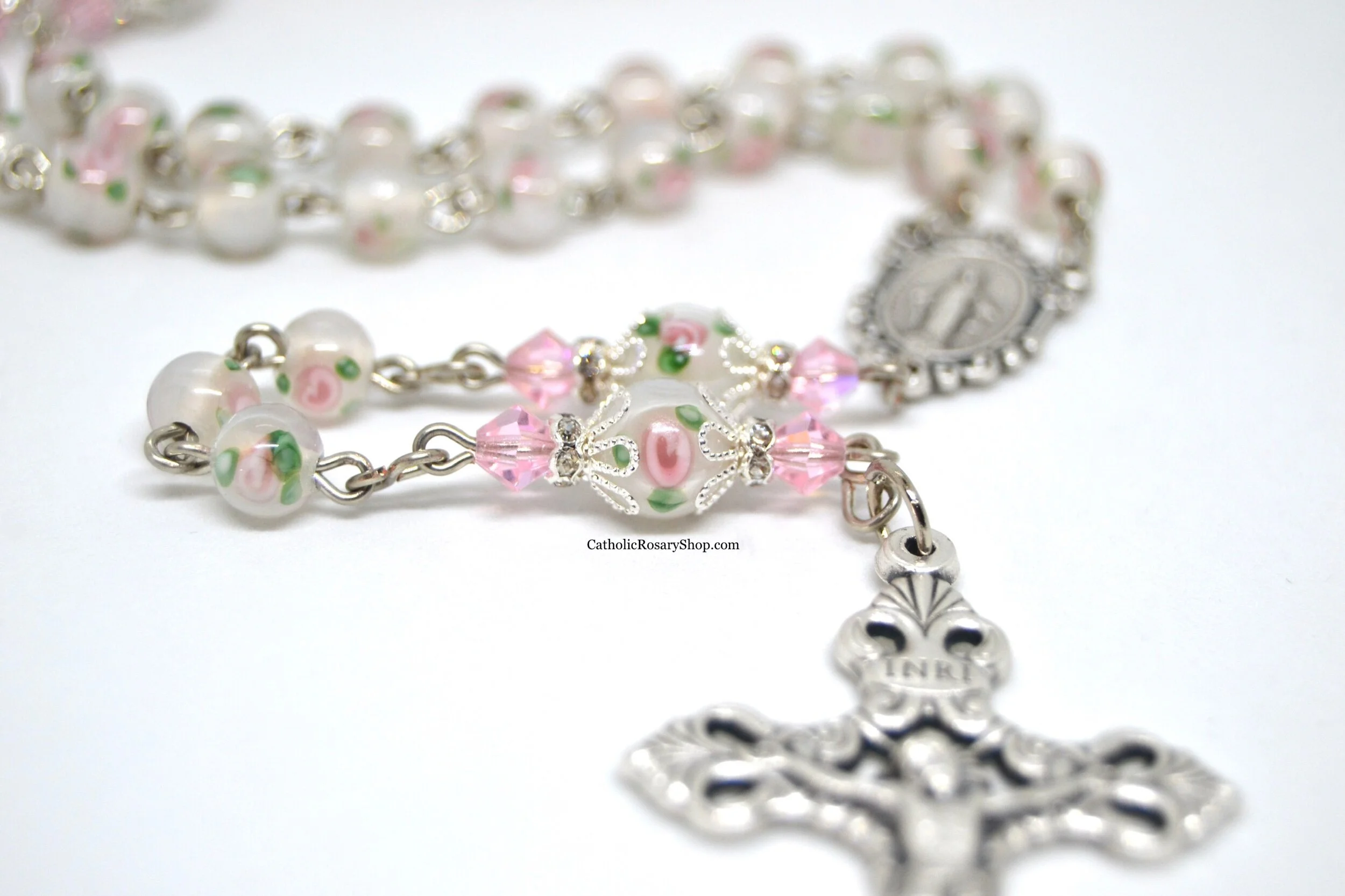 Pink and White Floral Czech Glass Rosary