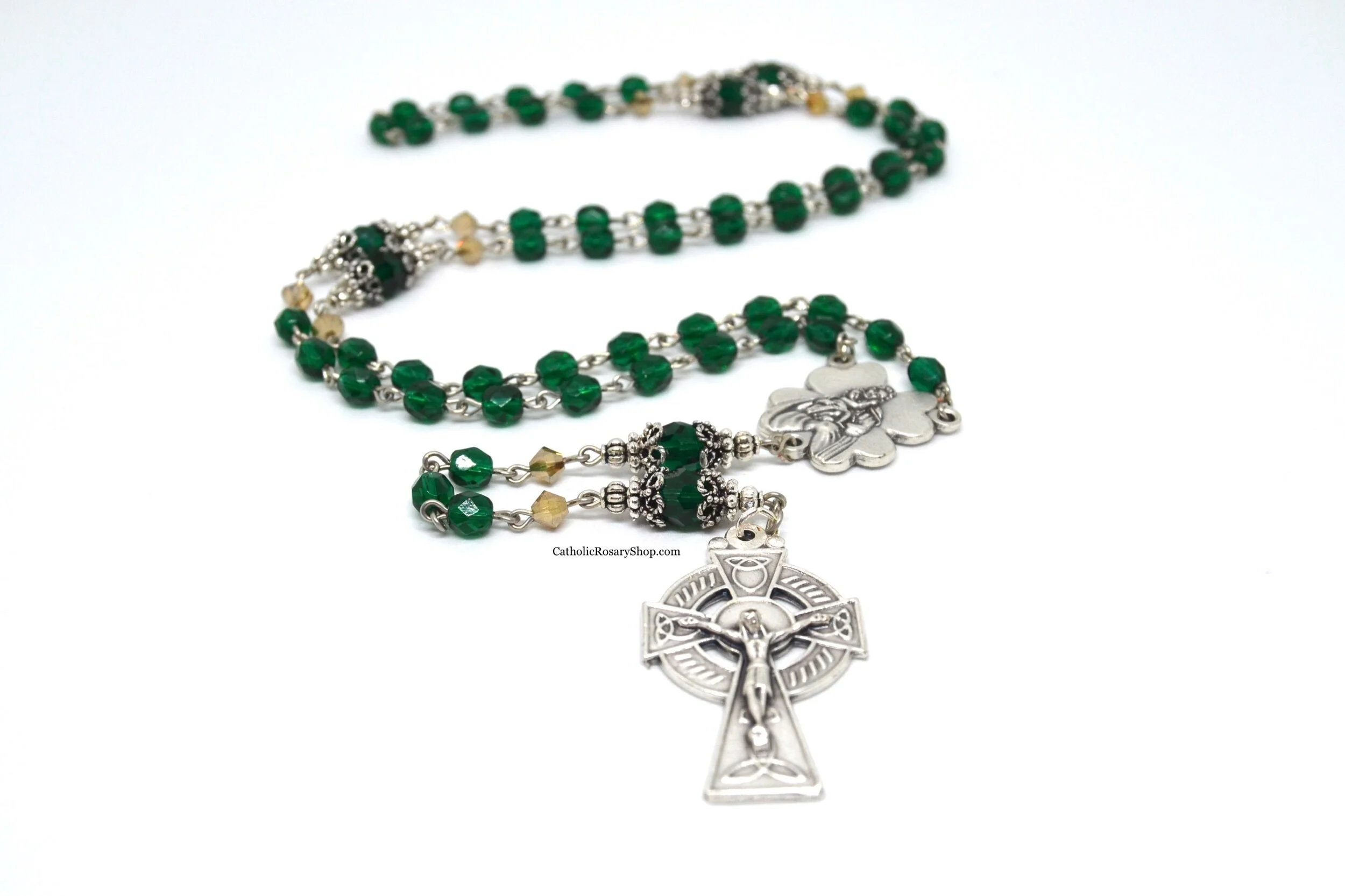 Emerald and Gold Irish Rosary | Personalized Rosaries for Irish Baptism or First Communion | Custom Emerald Rosary Gifts | CatholicRosaryShop.com