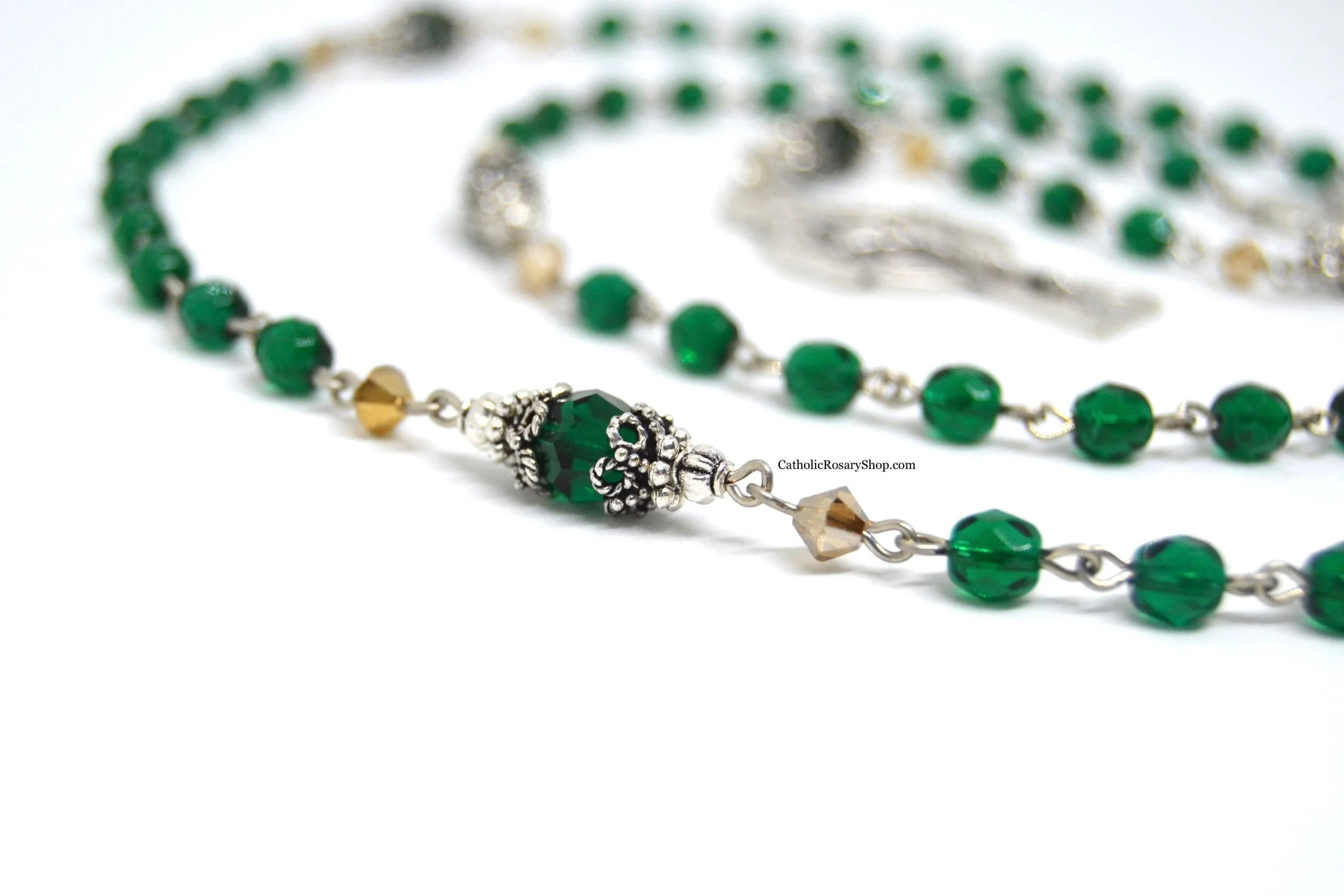 Emerald and Gold Irish Rosary | Personalized Rosaries for Irish Baptism or First Communion | Custom Emerald Rosary Gifts | CatholicRosaryShop.com