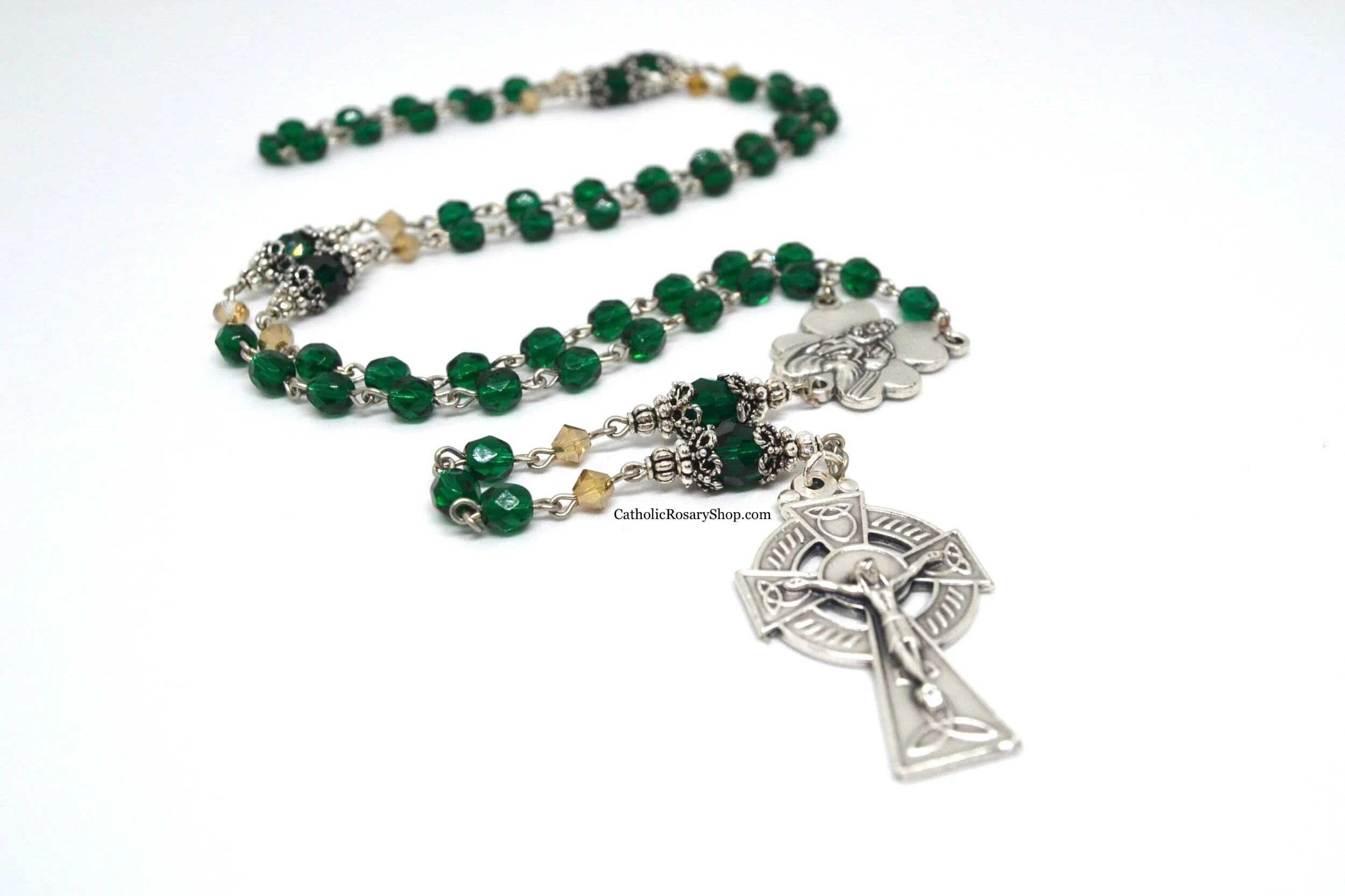Emerald and Gold Irish Rosary | Personalized Rosaries for Irish Baptism or First Communion | Custom Emerald Rosary Gifts | CatholicRosaryShop.com