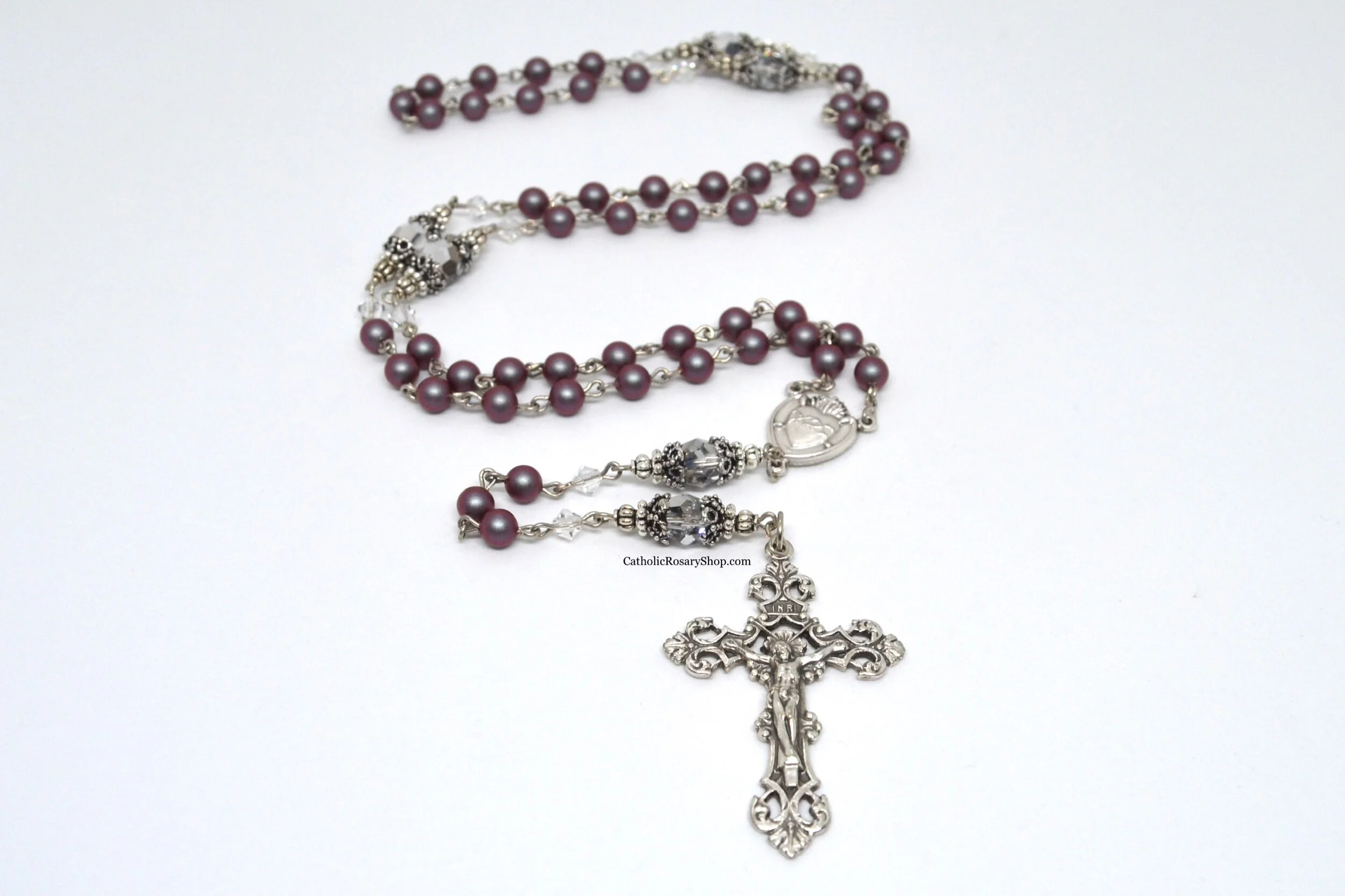 Dark Iridescent Red Pearl and Silver Crystal Rosary for Women and Girls | Personalized Rosary Gifts for Baptism, First Communion, Confirmation and Quinceaneras | CatholicRosaryShop.com