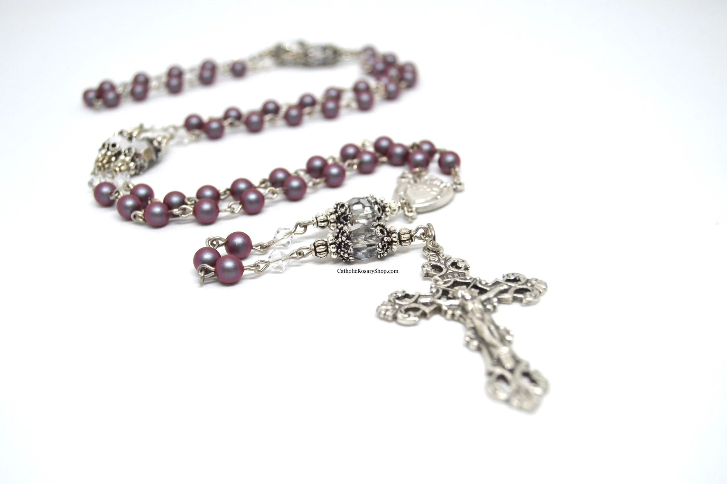 Dark Iridescent Red Pearl and Silver Crystal Rosary for Women and Girls | Personalized Rosary Gifts for Baptism, First Communion, Confirmation and Quinceaneras | CatholicRosaryShop.com
