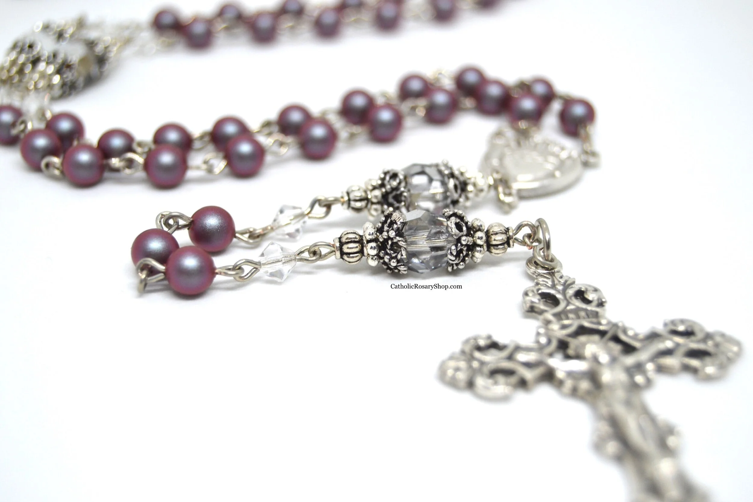 Dark Iridescent Red Pearl and Silver Crystal Rosary for Women and Girls | Personalized Rosary Gifts for Baptism, First Communion, Confirmation and Quinceaneras | CatholicRosaryShop.com