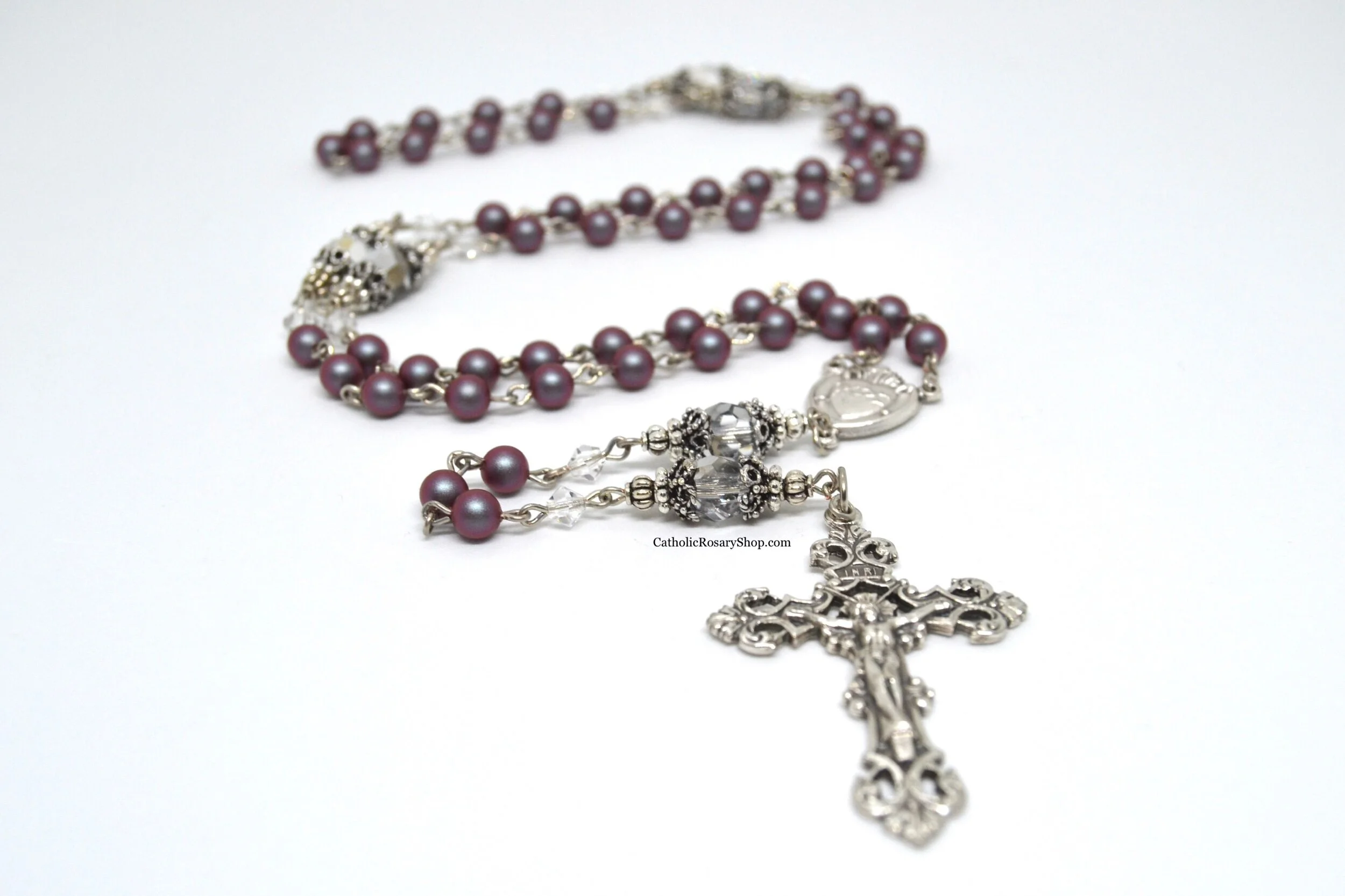 Dark Iridescent Red Pearl and Silver Crystal Rosary