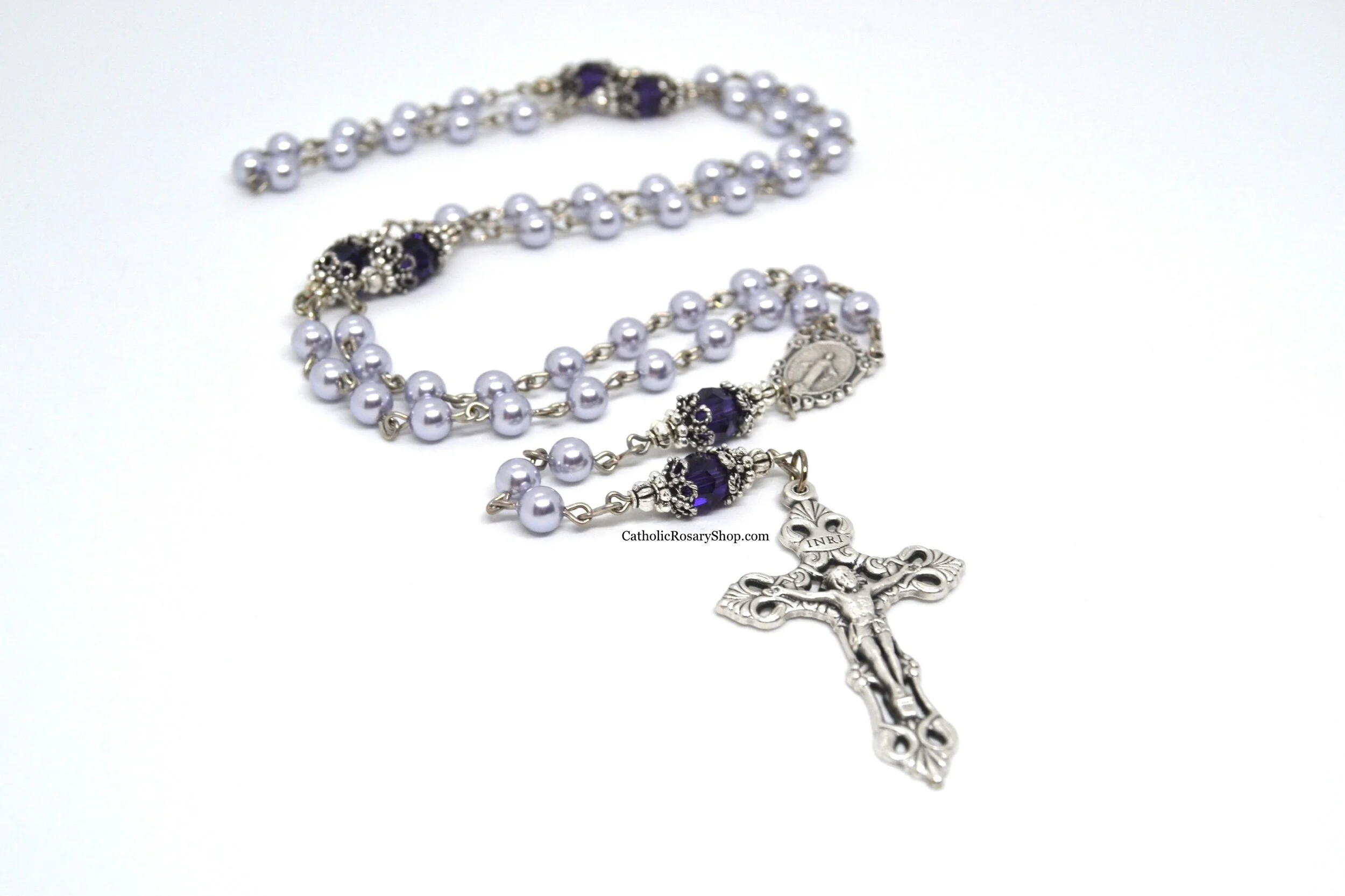 Lavender Pearl and Purple Velvet Crystal Rosary | Purple Rosary for Women and Girls | Personalized Rosary for Baptism, First Communion, Confirmation and Quinceaneras