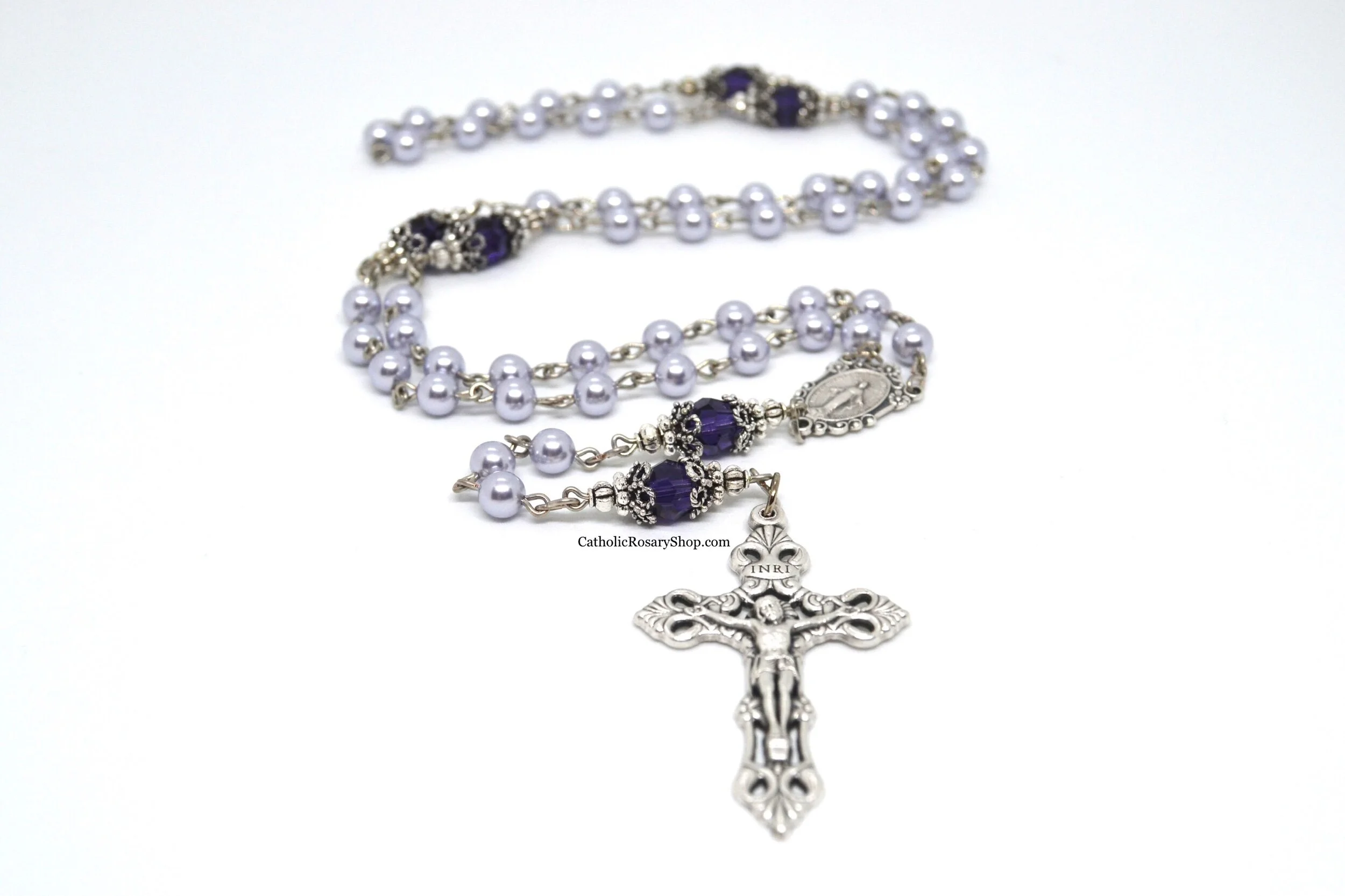 Lavender Pearl and Purple Velvet Crystal Rosary | Purple Rosary for Women and Girls | Personalized Rosary for Baptism, First Communion, Confirmation and Quinceaneras