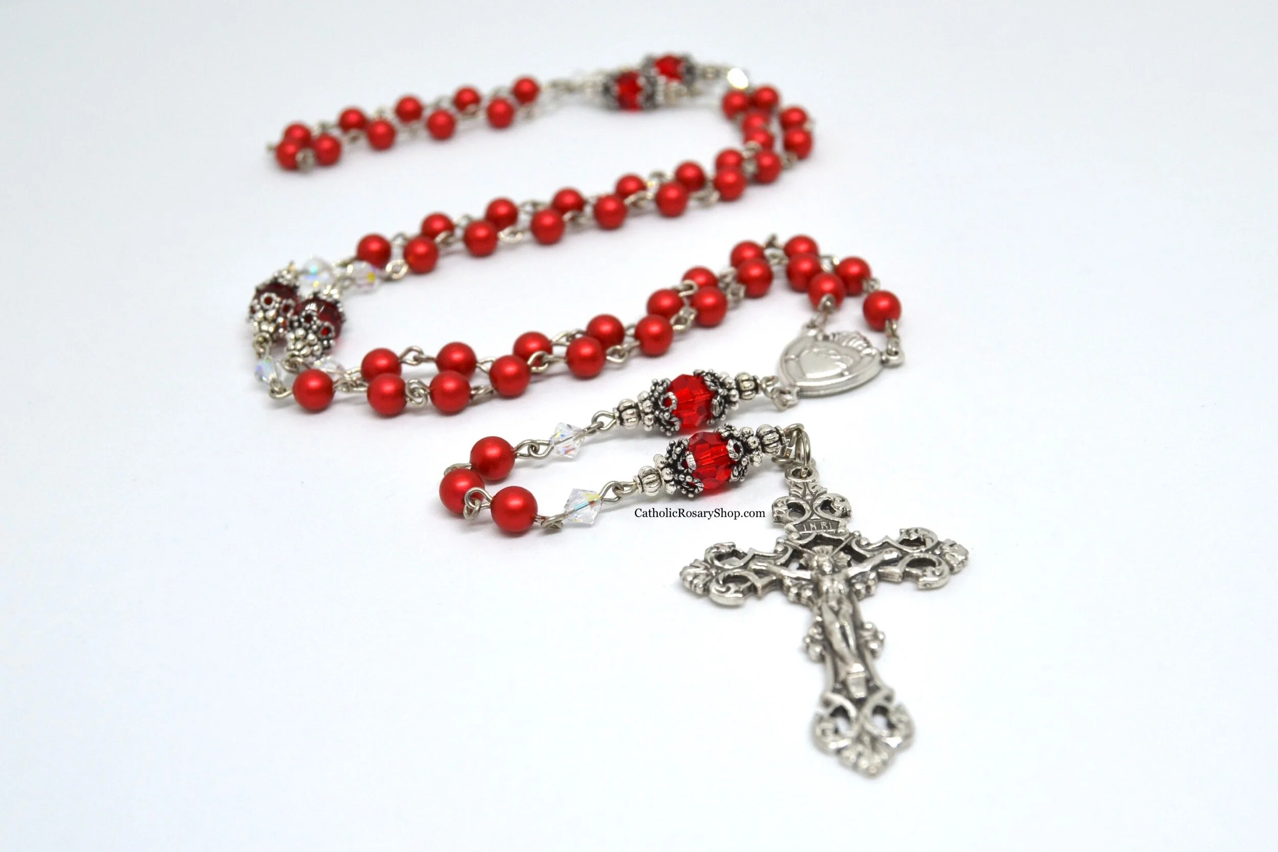 Ruby Red Pearl and White Opal Austrian Crystal Rosary | Personalized Rosary Gifts | Baptism, First Communion or Confirmation Gifts