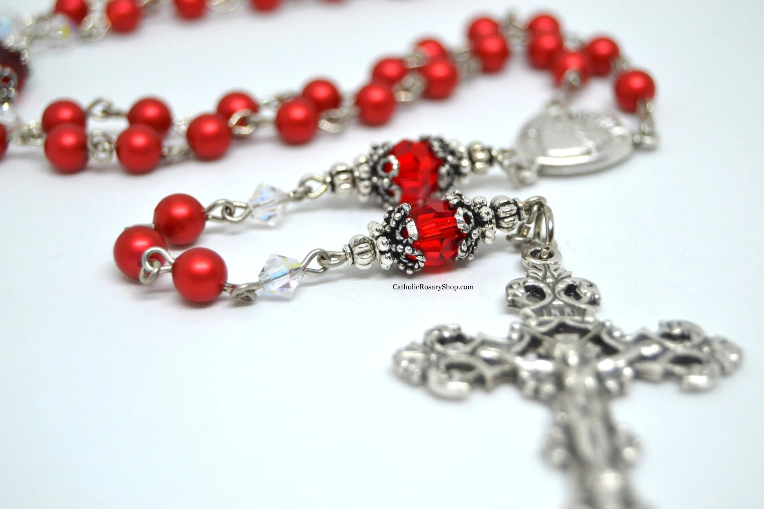 Ruby Red Pearl and White Opal Austrian Crystal Rosary | Personalized Rosary Gifts | Baptism, First Communion or Confirmation Gifts