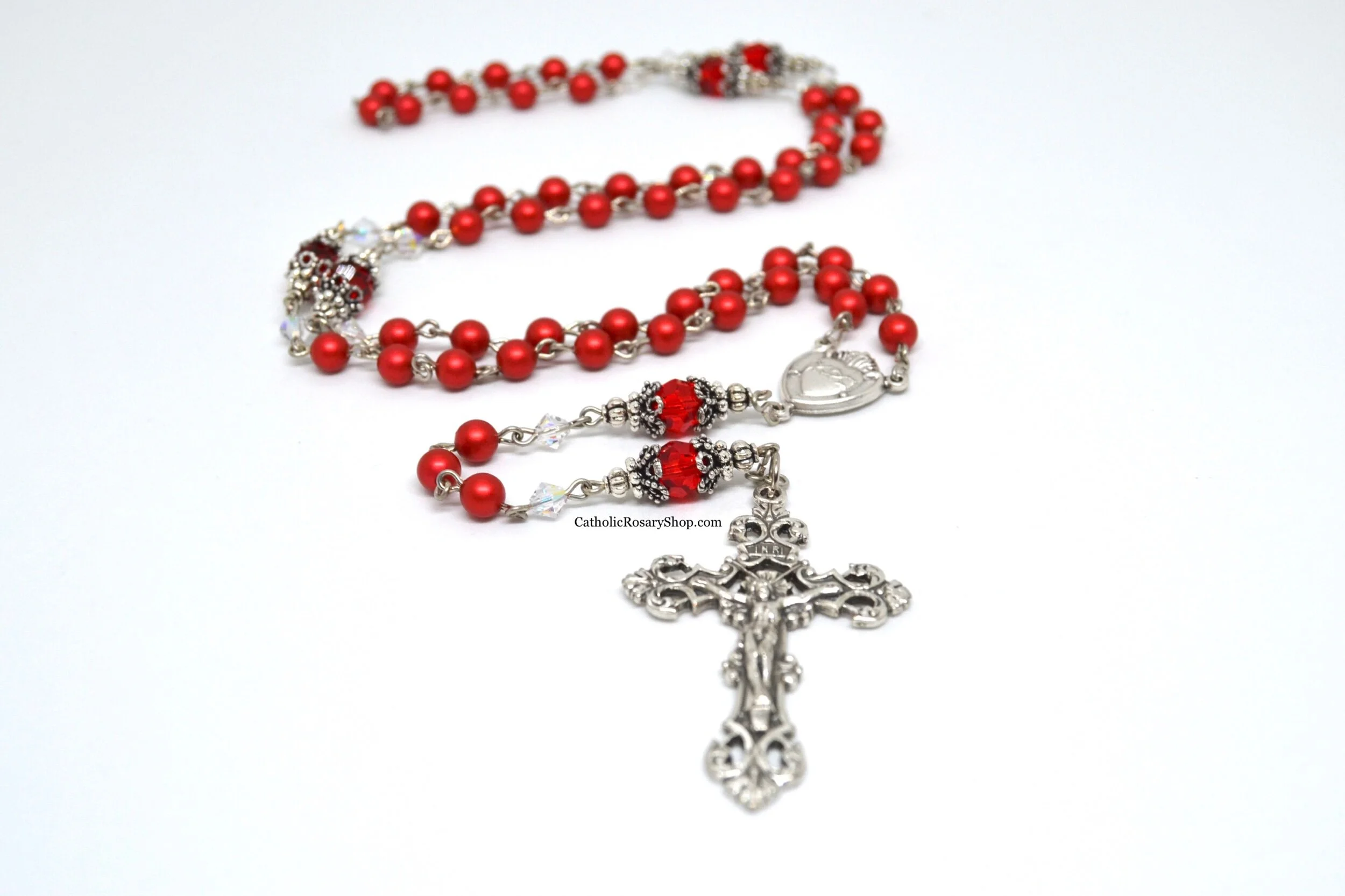 Ruby Red Pearl and White Opal Crystal Rosary | July Birthstone Rosary