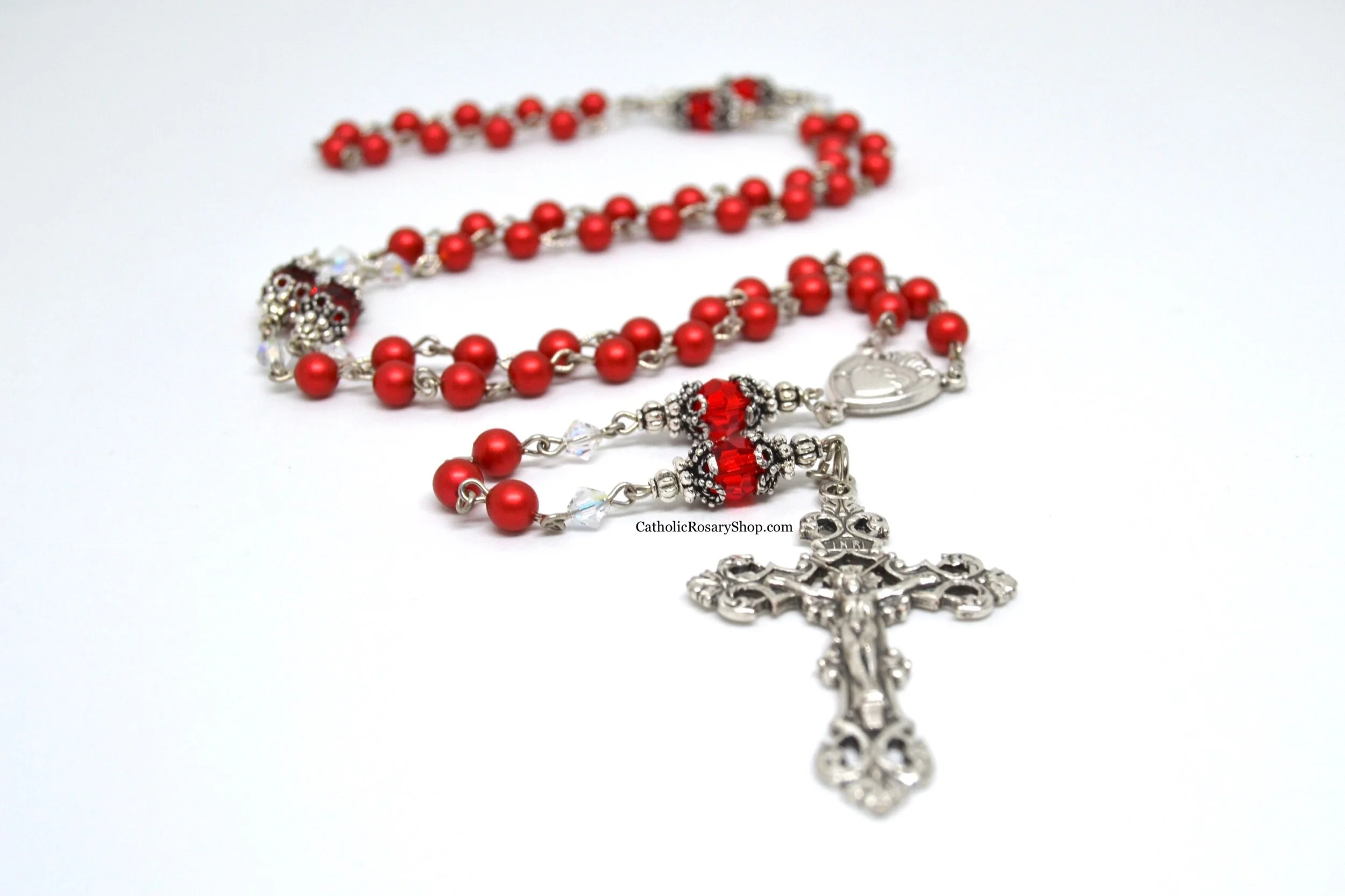 Ruby Red Pearl and White Opal Austrian Crystal Rosary | Personalized Rosary Gifts | Baptism, First Communion or Confirmation Gifts