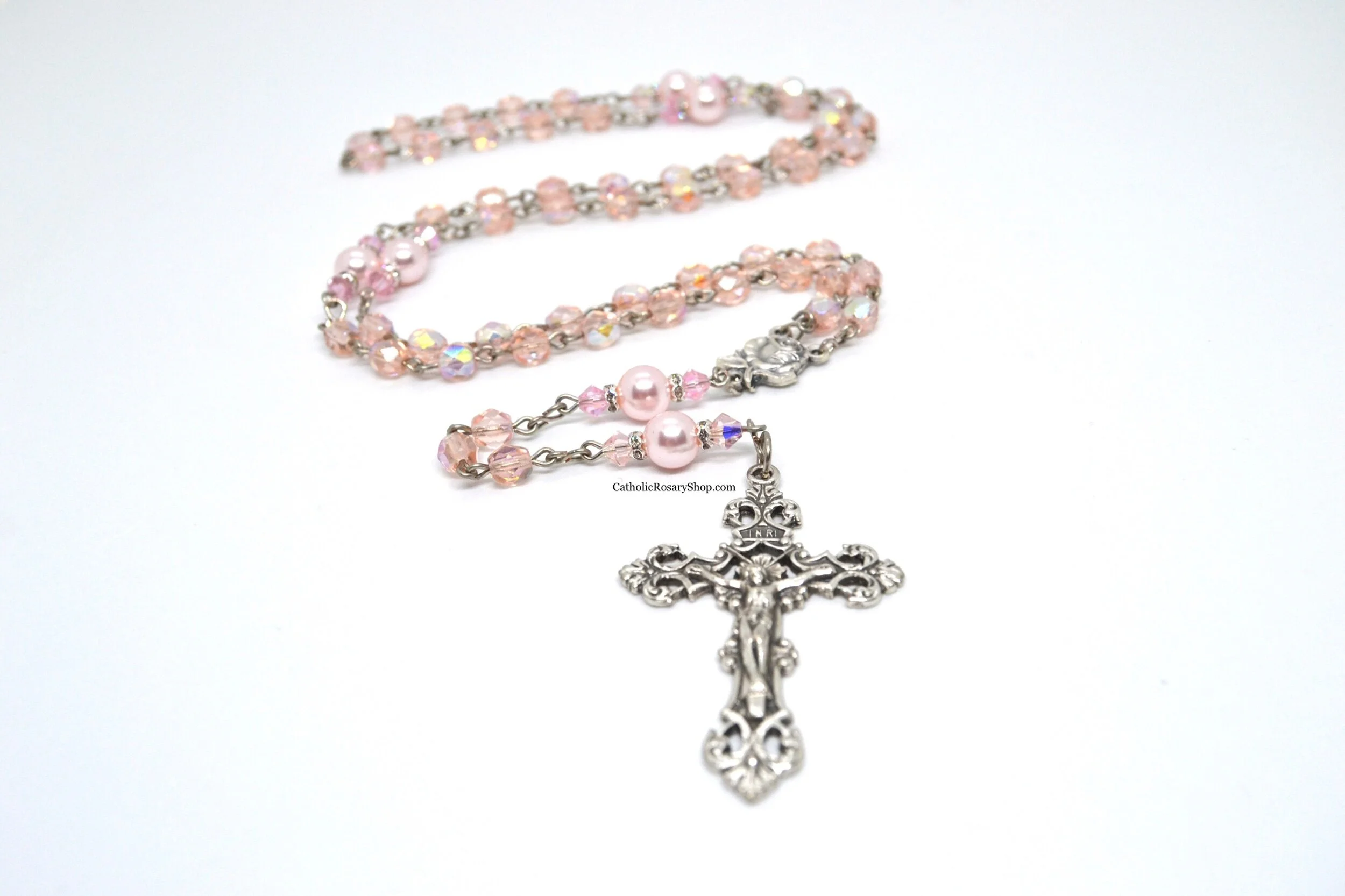 Pink Opal Crystal and Pearl Rosary | Personalized Rosary for Women and Girls | October Birthstone Rosary | Custom Rosary Beads for Baptism, First Communion and Quinceaneras | CatholicRosaryShop.com