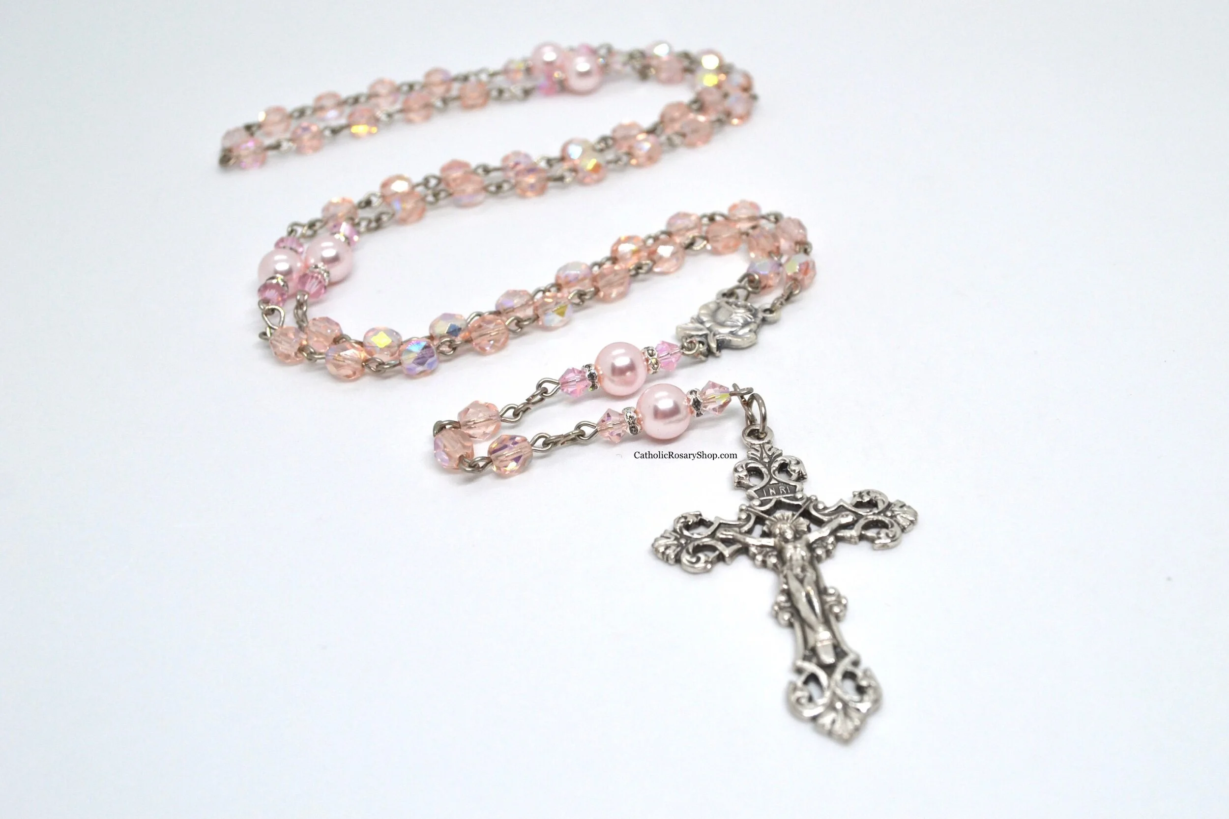 Pink Opal Crystal and Pearl Rosary | Personalized Rosary for Women and Girls | October Birthstone Rosary | Custom Rosary Beads for Baptism, First Communion and Quinceaneras | CatholicRosaryShop.com