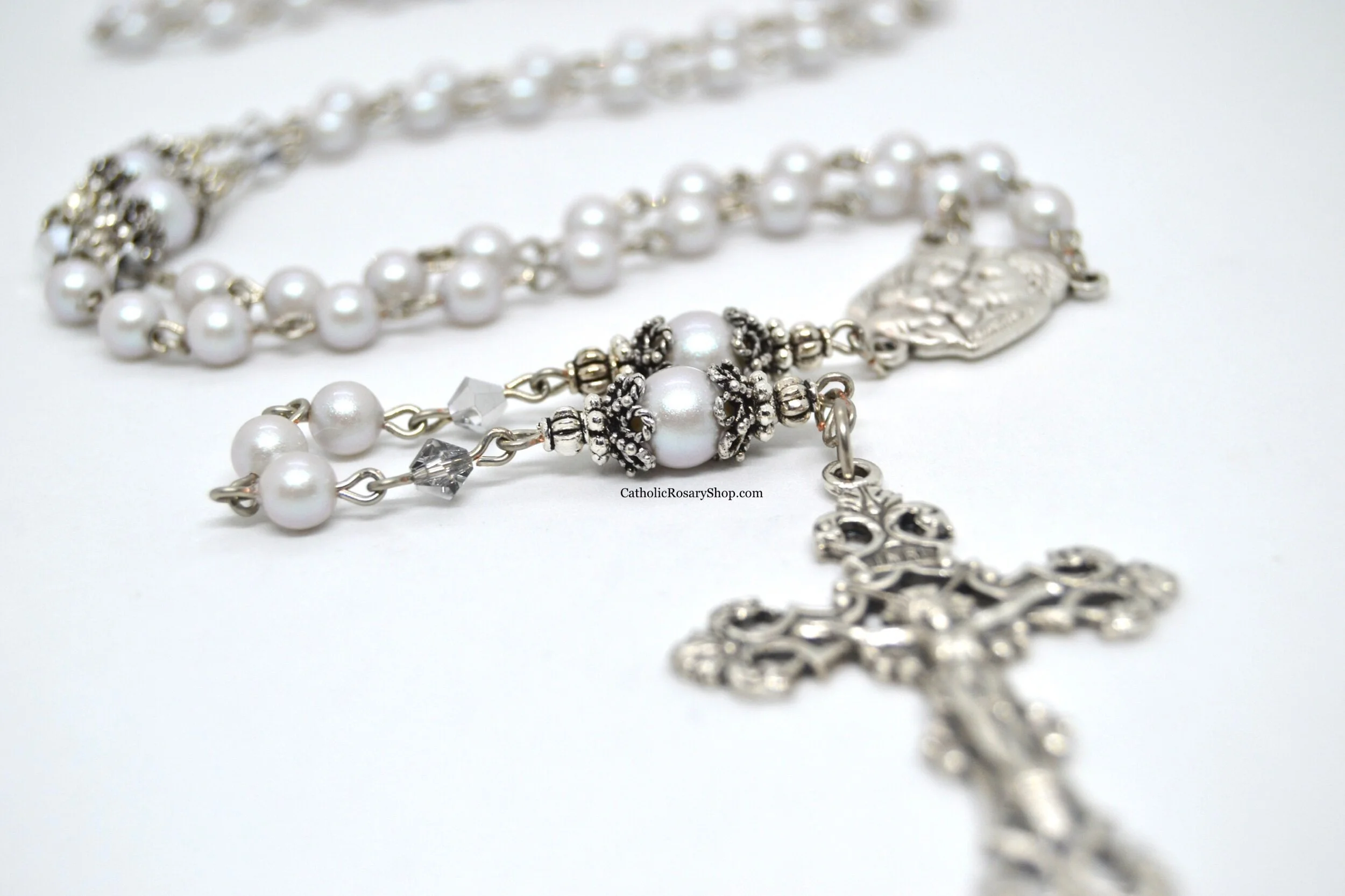 Shimmering Dusty Gray Genuine European Crystal Pearl Rosary for Women | Personalized Rosary for Weddings | CatholicRosaryShop.com