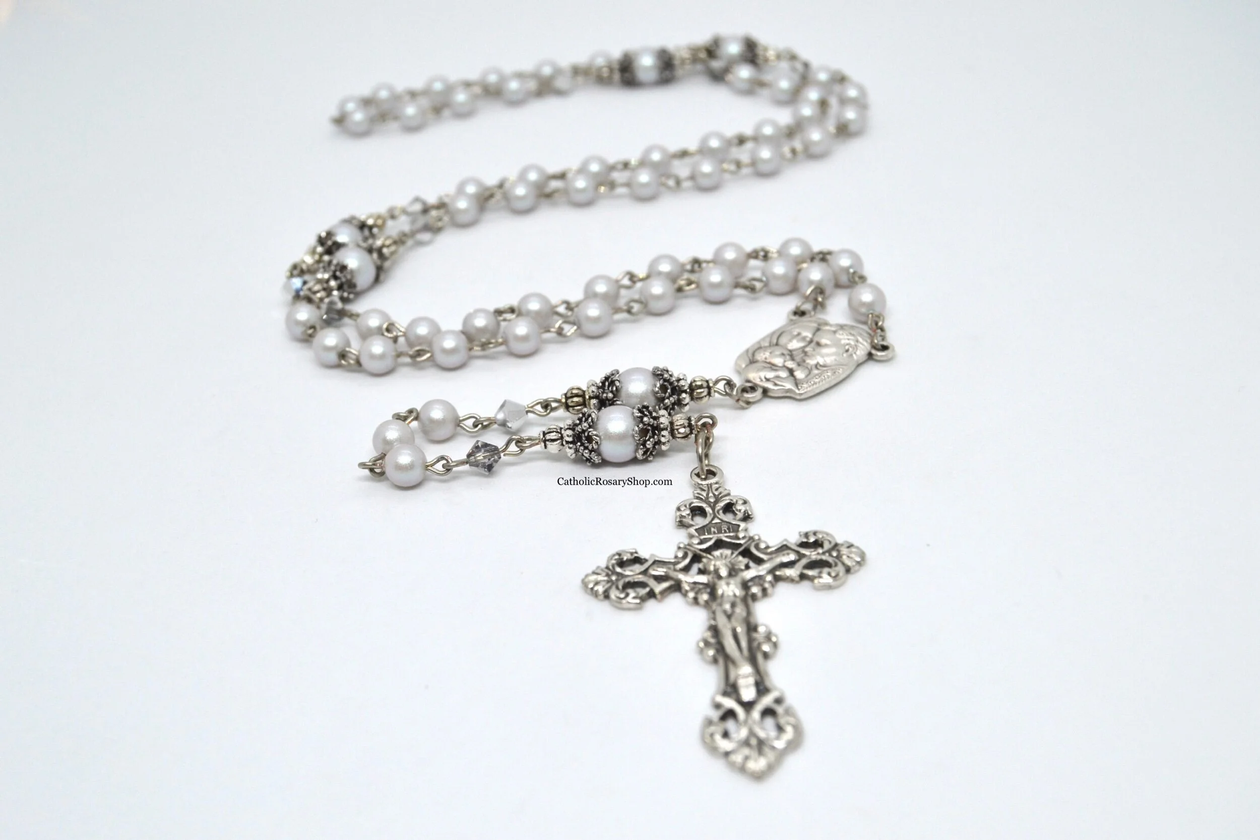 Shimmering Dusty Gray Genuine European Crystal Pearl Rosary for Women | Personalized Rosary for Weddings | CatholicRosaryShop.com