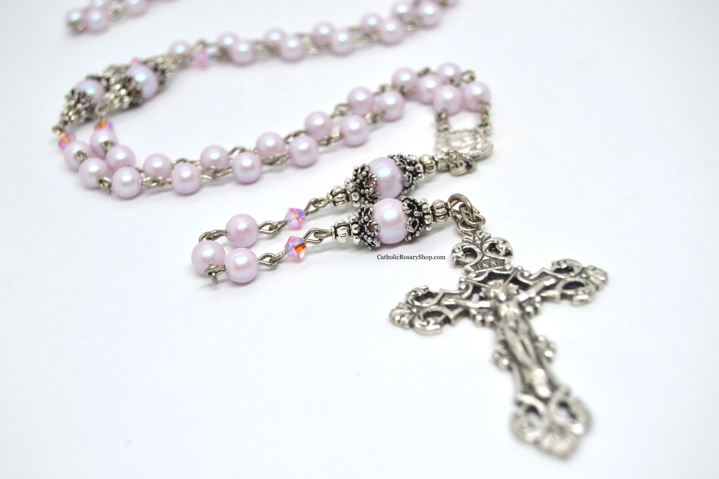 Dusty Pink Austrian Crystal Pearl Rosary | Personalized Rosary Gifts for Girl's Baptism, First Communion or Confirmation | Quinceanera Rosary Gifts