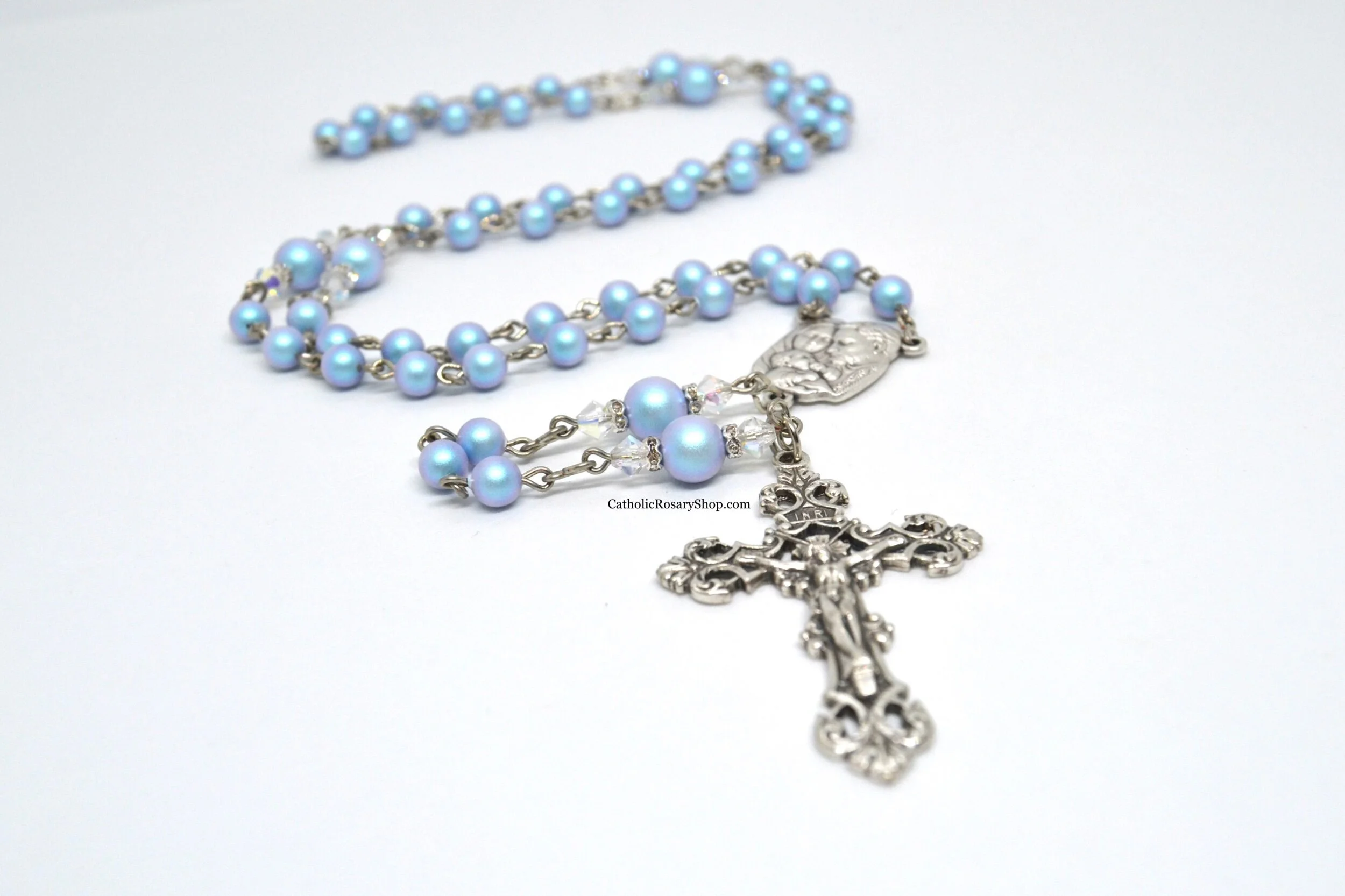 Iridescent Light Blue Austrian Crystal Pearl Rosary | Personalized Rosary Gifts for Women and Girls