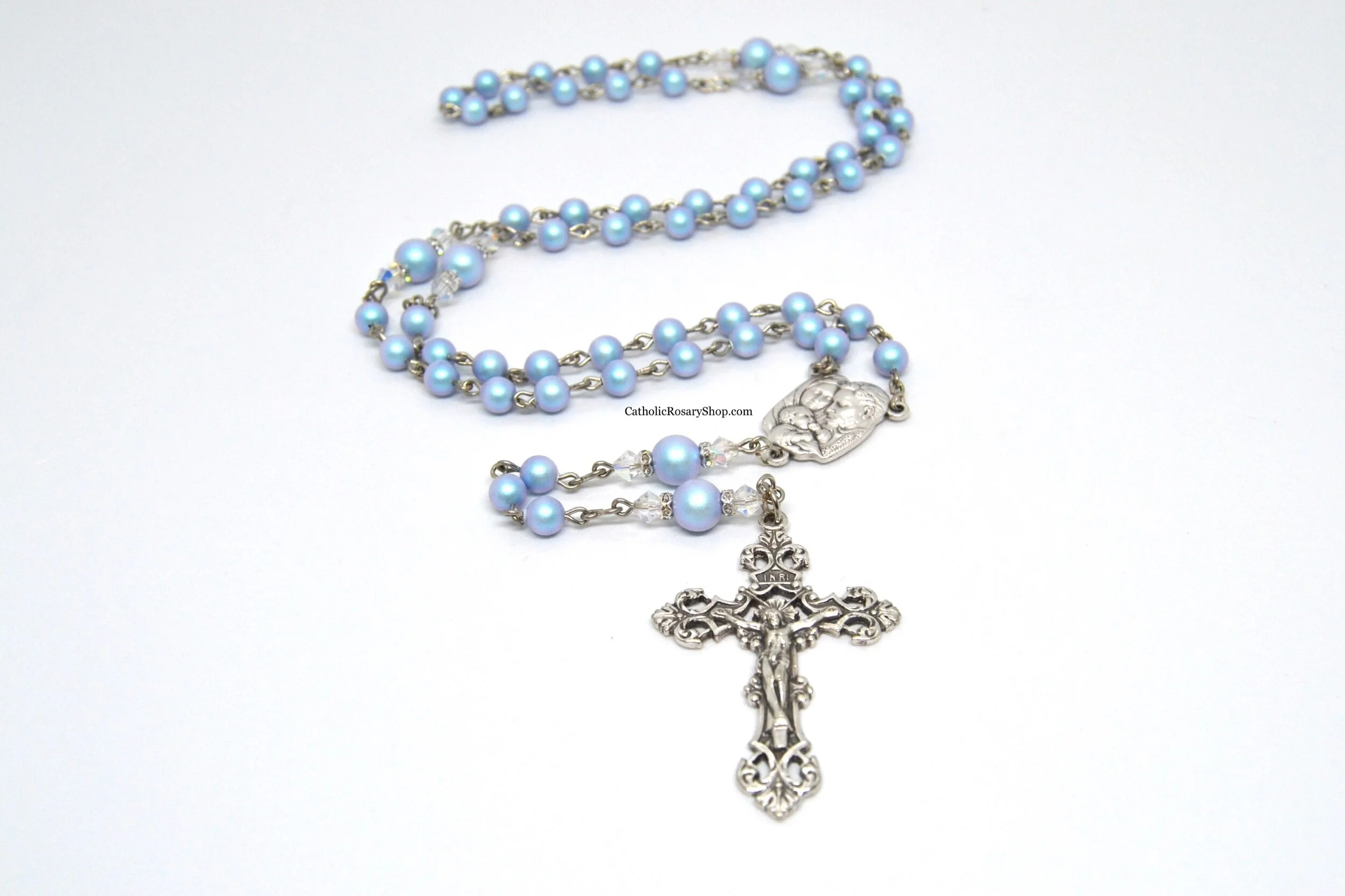 Iridescent Light Blue Austrian Crystal Pearl Rosary | Personalized Rosary Gifts for Women and Girls