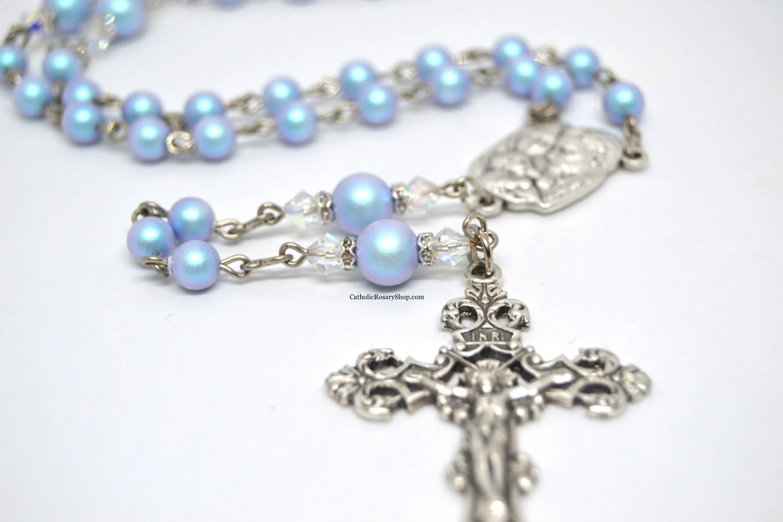 Iridescent Light Blue Austrian Crystal Pearl Rosary
