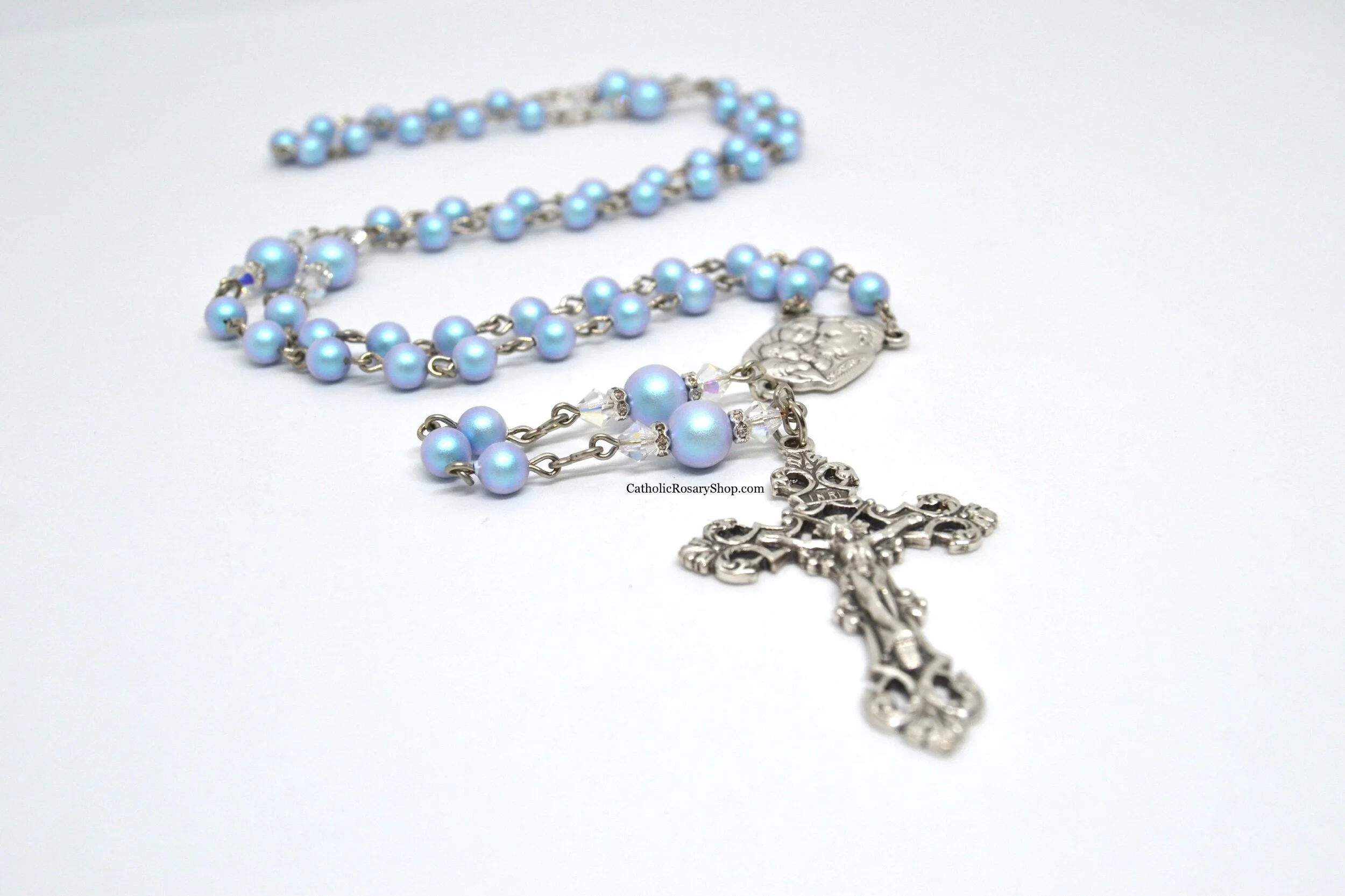 Iridescent Light Blue Austrian Crystal Pearl Rosary | Personalized Rosary Gifts for Women and Girls