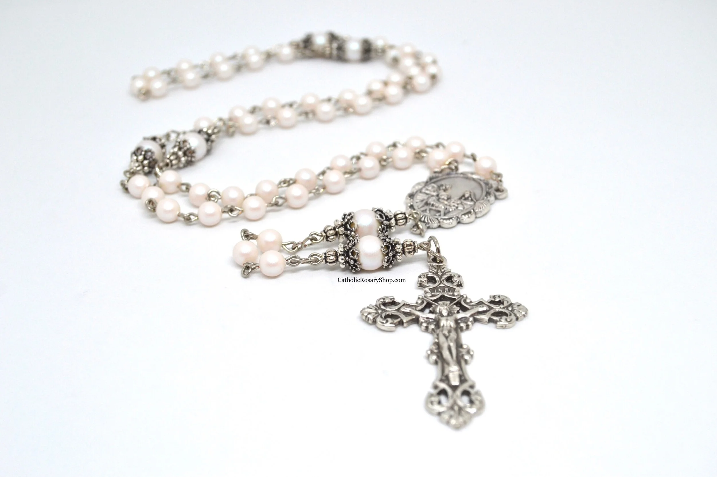 Pearlescent White Pearl Austrian Crystal Rosary | Personalized Wedding Rosaries for the Bride | Custom Rosary Gifts