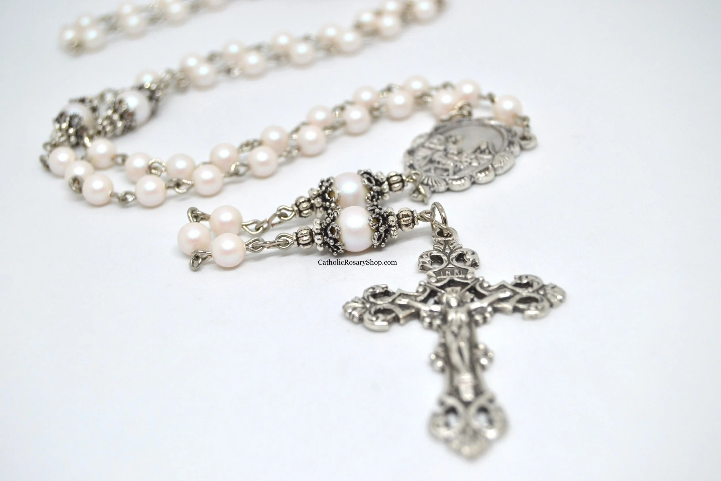 Pearlescent White Pearl Austrian Crystal Rosary | Personalized Wedding Rosaries for the Bride | Custom Rosary Gifts