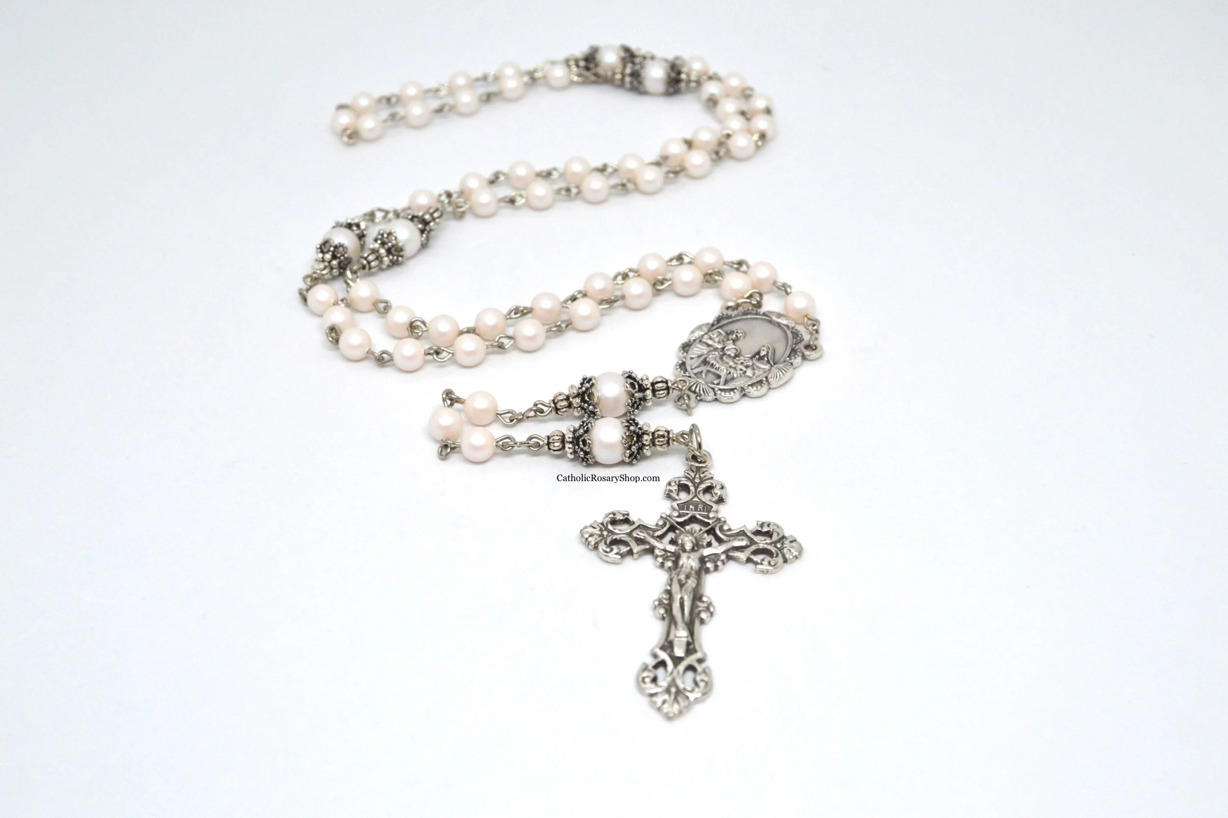 Pearlescent White Pearl Austrian Crystal Rosary | Personalized Wedding Rosaries for the Bride | Custom Rosary Gifts