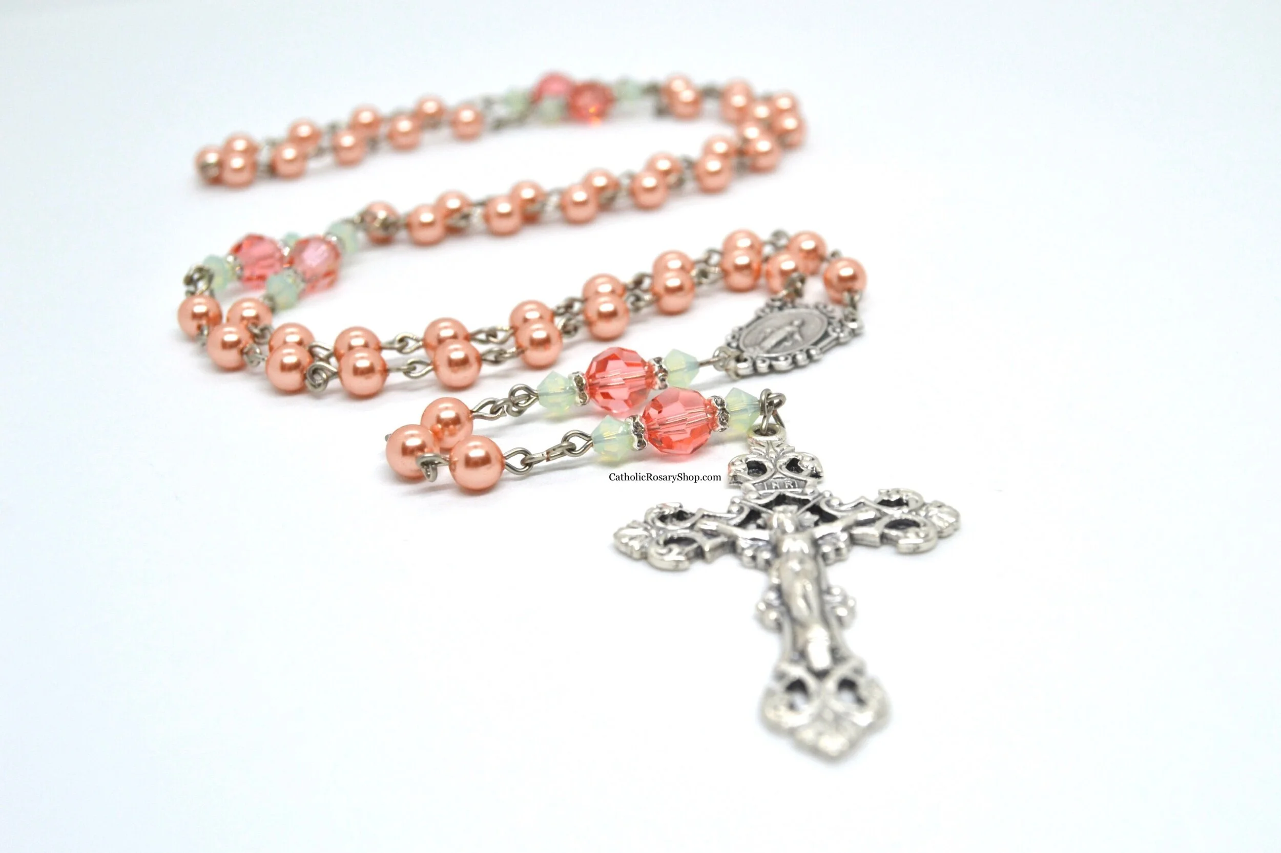 Rose Peach and Mint Austrian Crystal Rosary