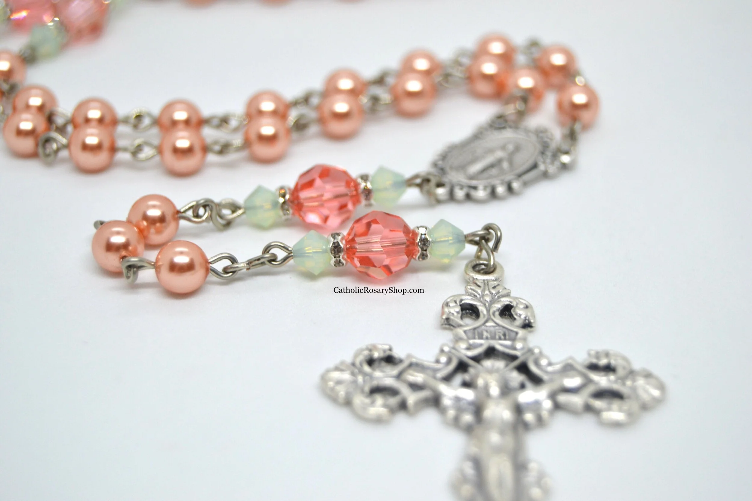 Rose Peach and Mint Austrian Crystal Rosary | Personalized Rosary Gifts for Quinceaneras