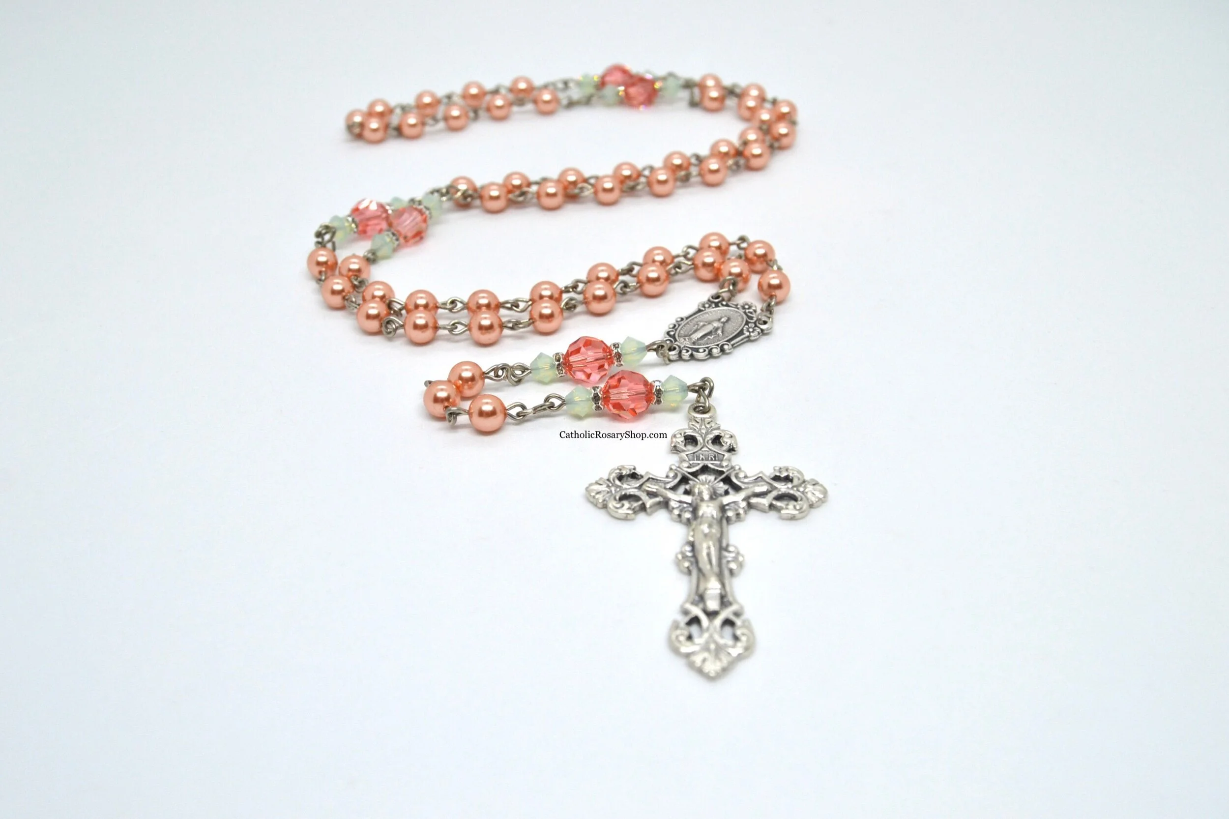 Rose Peach and Mint Austrian Crystal Rosary | Personalized Rosary Gifts for Quinceaneras