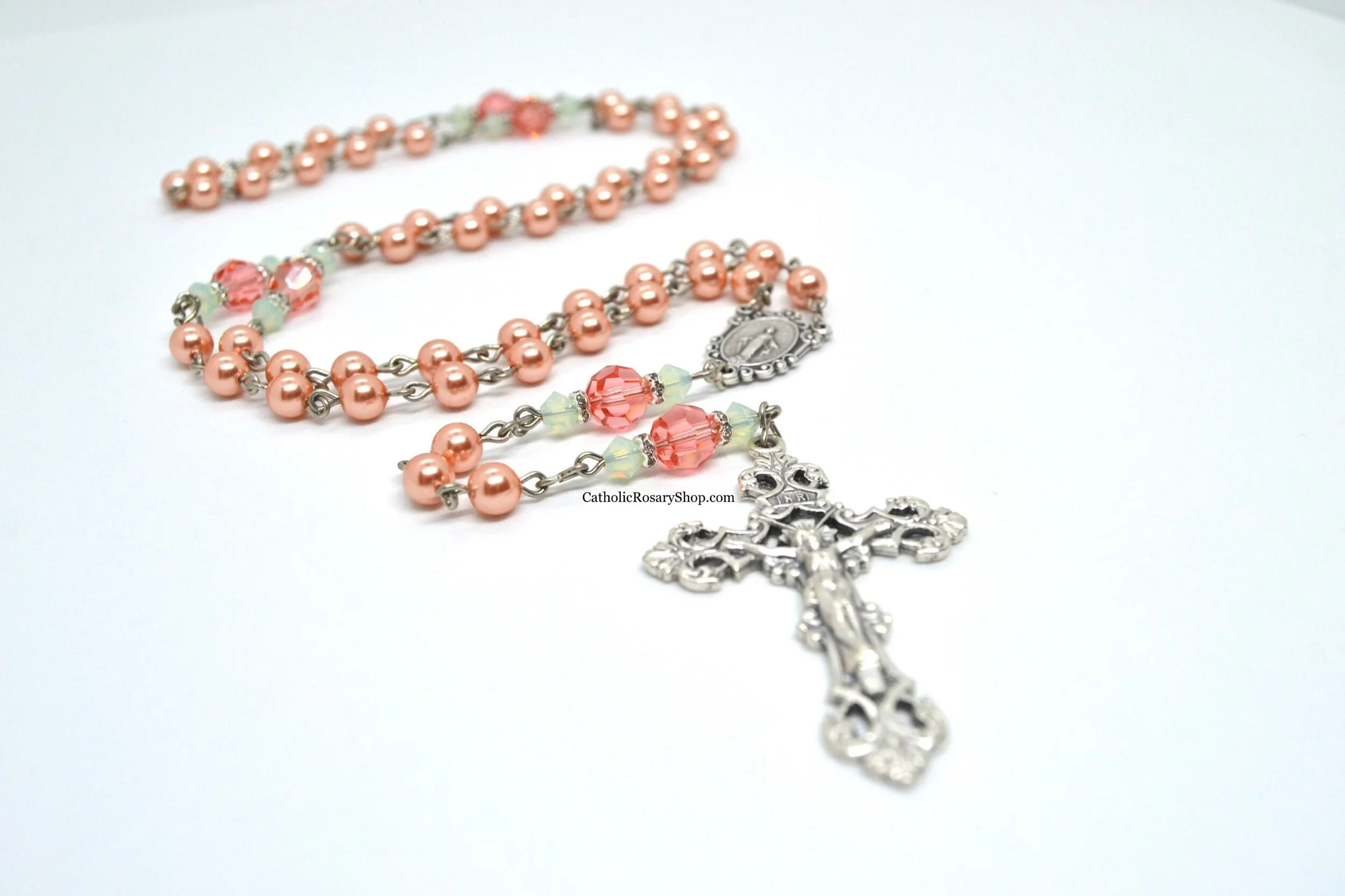 Rose Peach and Mint Austrian Crystal Rosary | Personalized Rosary Gifts for Quinceaneras