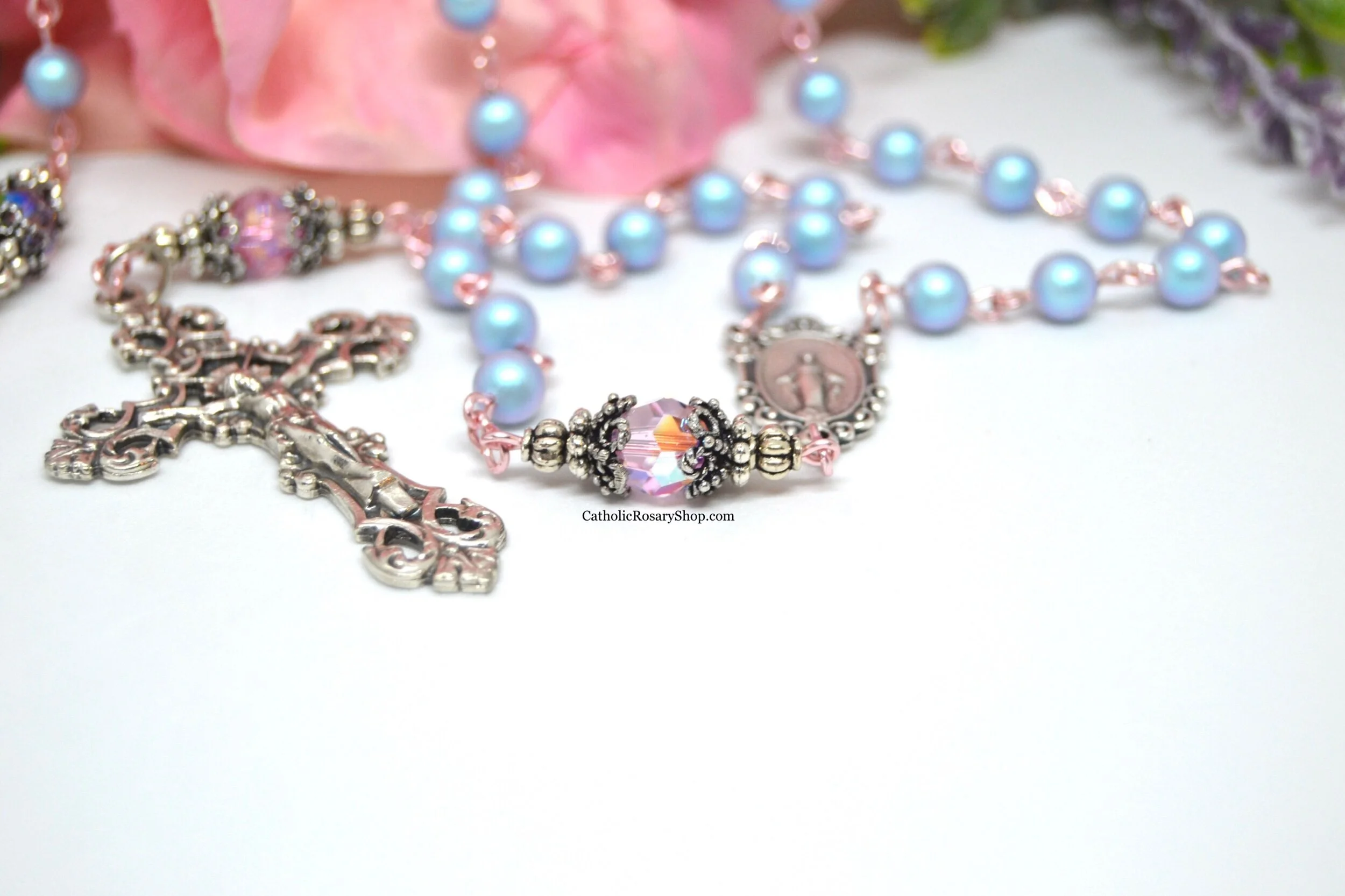 Iridescent Light Blue Pearl and Pink Crystal on Rose Gold Colored Wire | Personalized Rosary Gifts for Women and Girls | Custom Rosary Beads for Baptism, First Communion, Confirmation and Weddings
