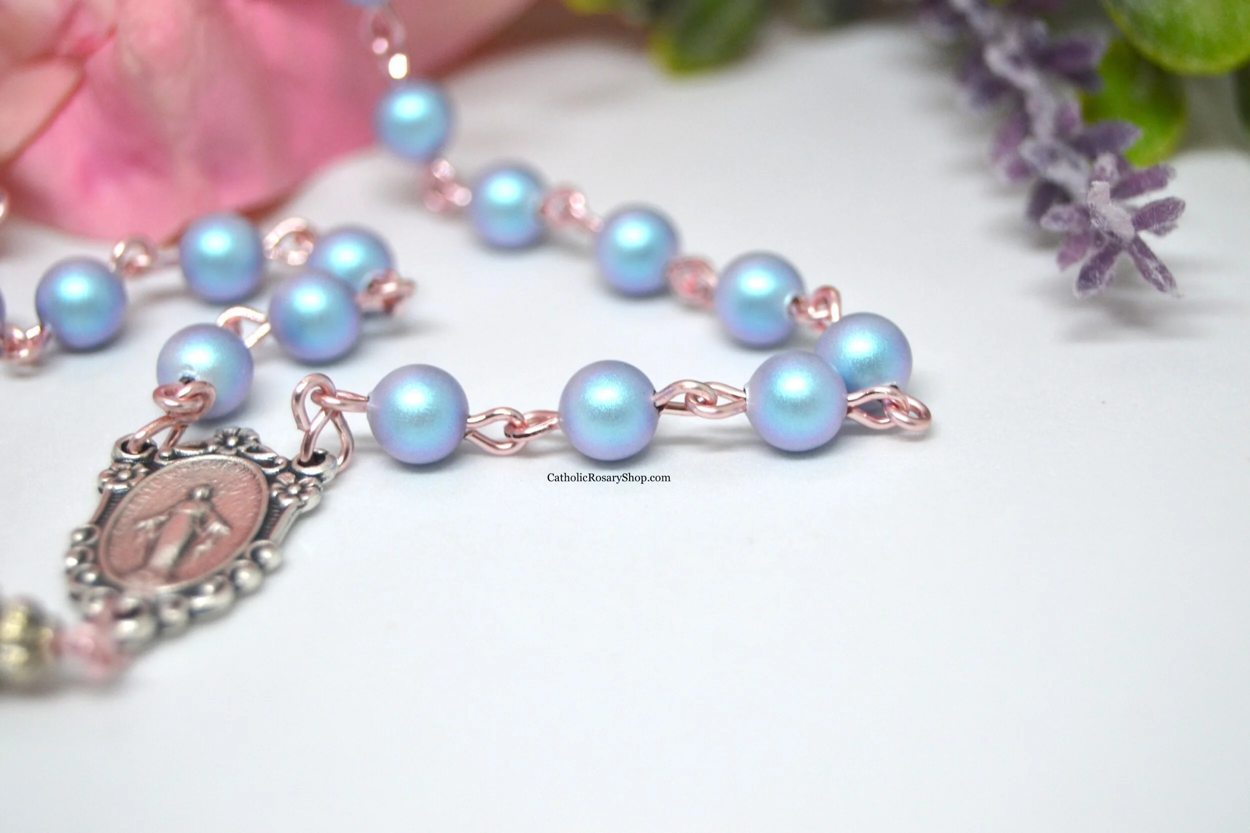 Iridescent Light Blue Pearl and Pink Crystal on Rose Gold Colored Wire | Personalized Rosary Gifts for Women and Girls | Custom Rosary Beads for Baptism, First Communion, Confirmation and Weddings